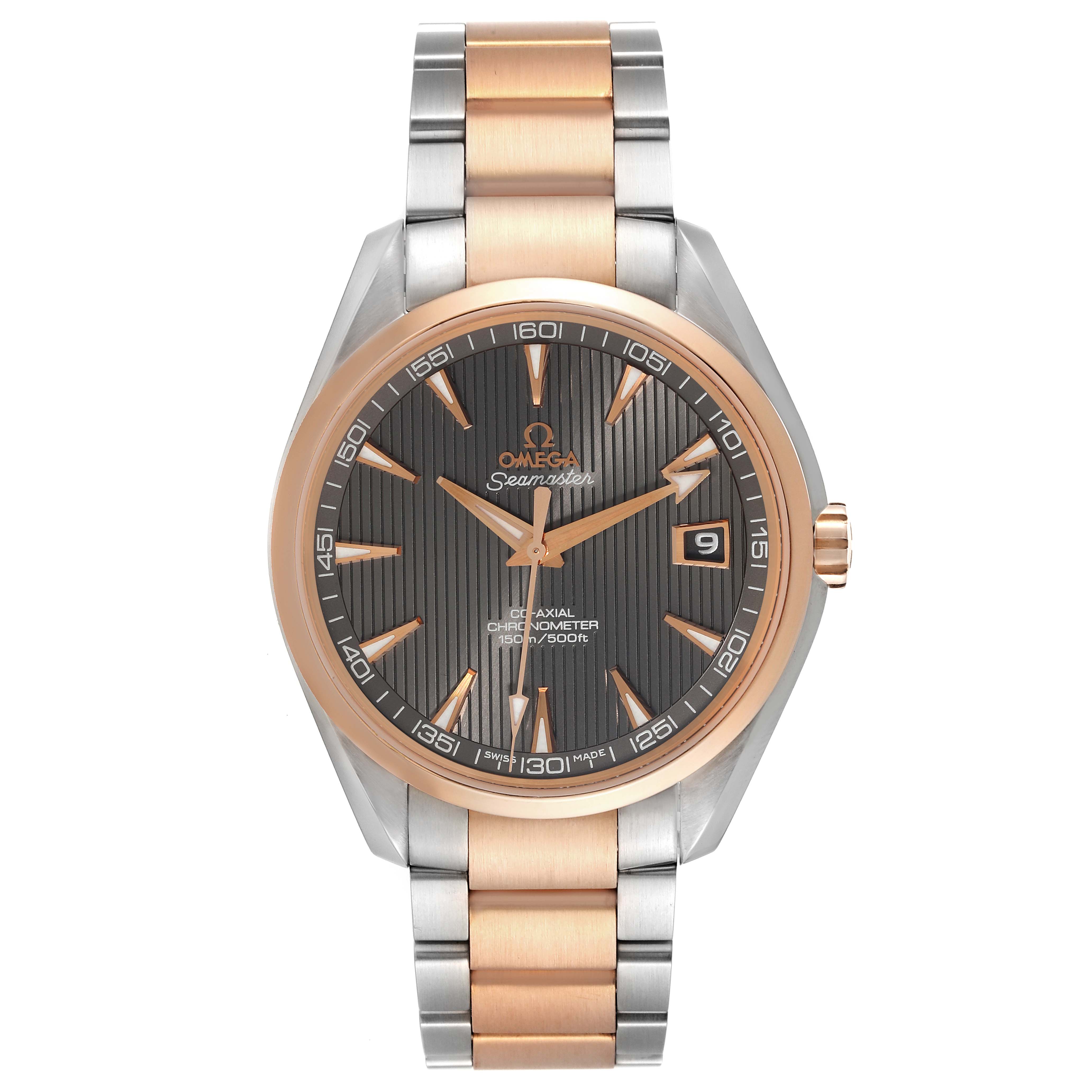 The image shows the Omega Aqua Terra 231.20.42.21.06.001 Men's Steel and Gold (two tone) Grey Dial 231.20.42.21.06.001 Men's Steel and Gold (two tone) Grey Dial watch from a straight-on angle, highlighting its dial, bezel, and bracelet.
