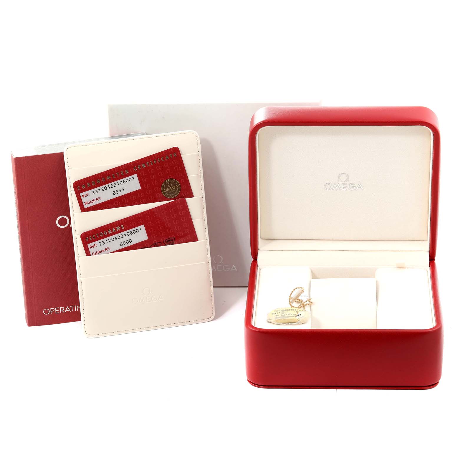 The image shows the open packaging and accessories of the Omega Aqua Terra 231.20.42.21.06.001 Men's Steel and Gold (two tone) Grey Dial 231.20.42.21.06.001 Men's Steel and Gold (two tone) Grey Dial watch, including the box, papers, and warranty cards.