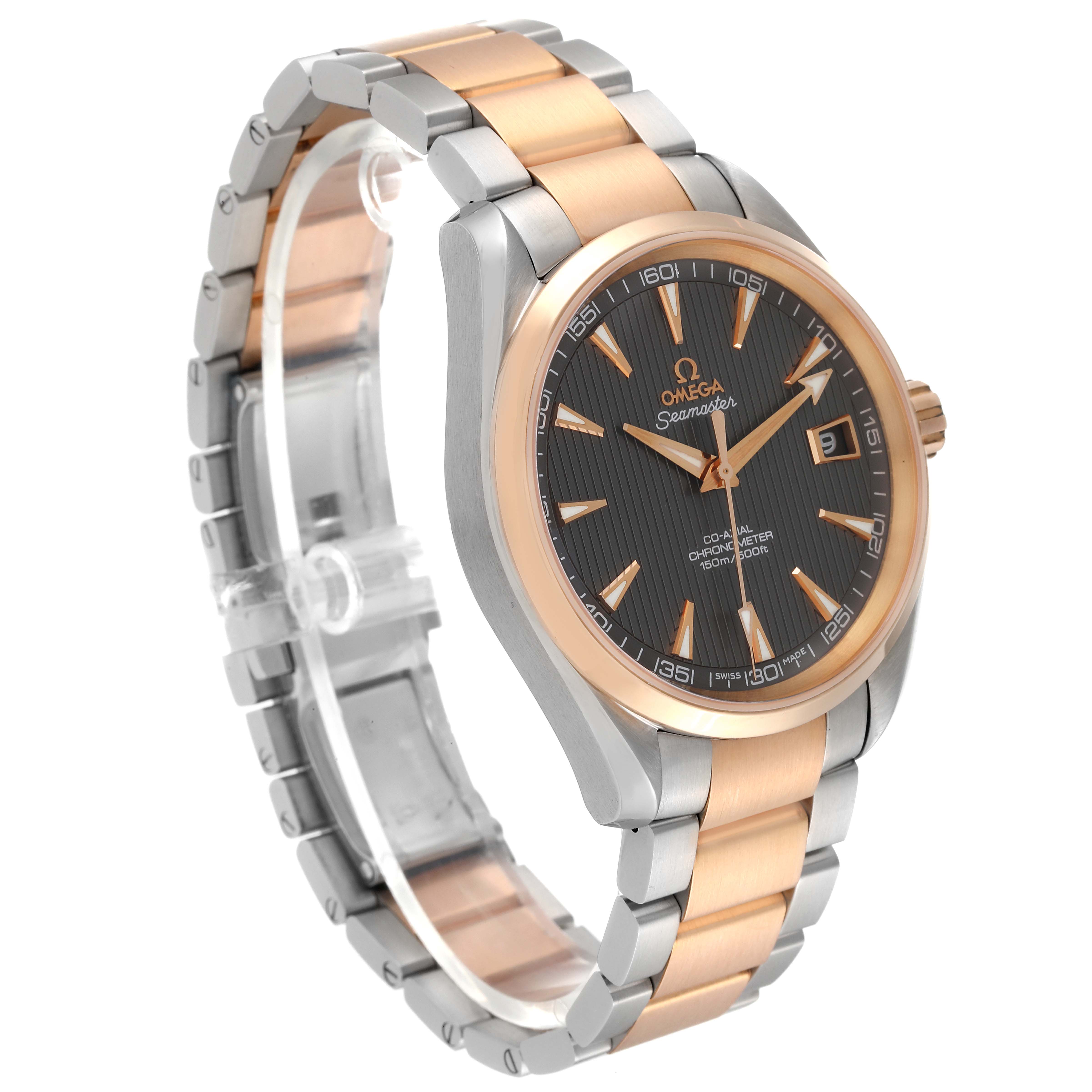 The image shows an Omega Aqua Terra 231.20.42.21.06.001 Men's Steel and Gold (two tone) Grey Dial 231.20.42.21.06.001 Men's Steel and Gold (two tone) Grey Dial watch at a three-quarter angle, highlighting its two-tone bracelet and dark dial.