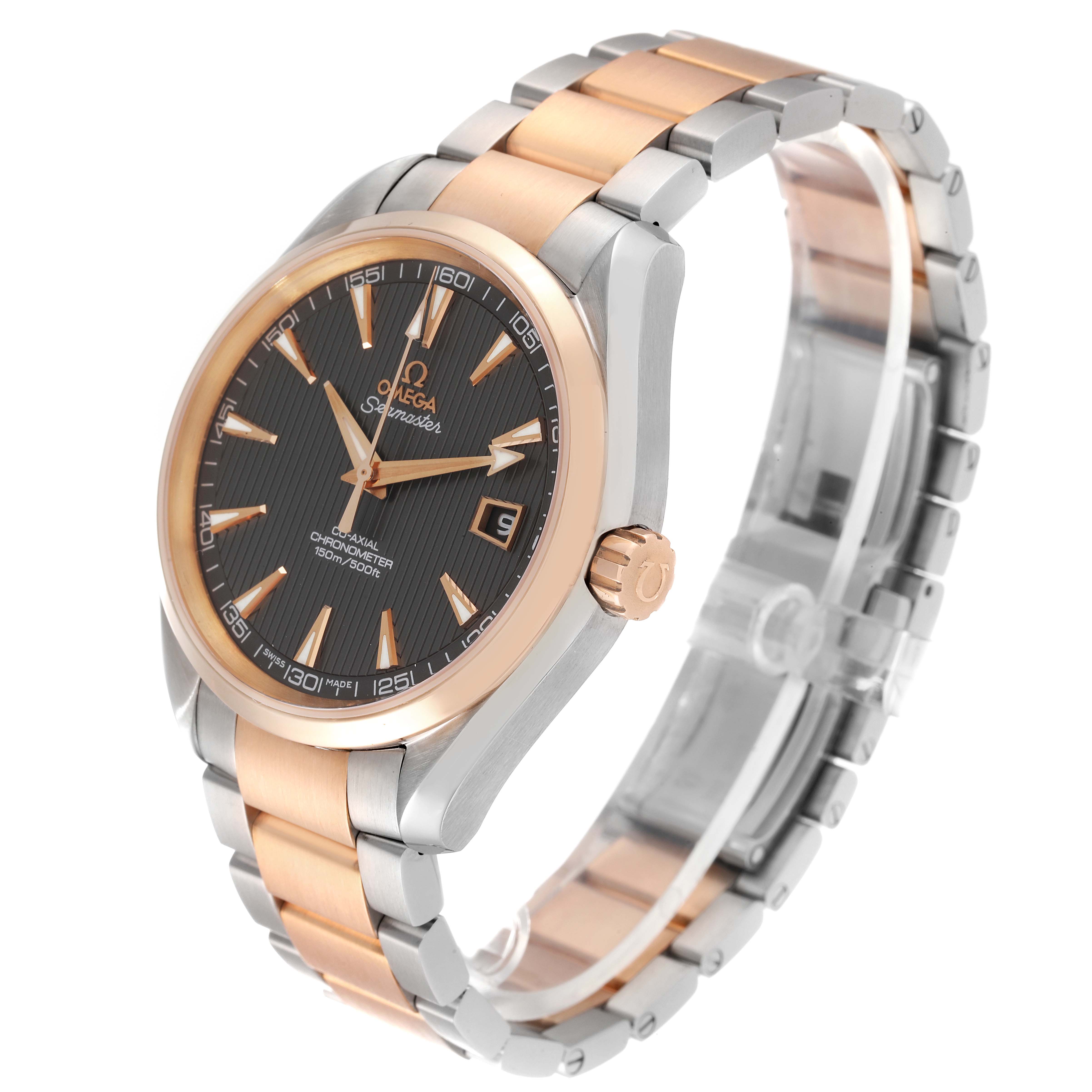 The Omega Aqua Terra 231.20.42.21.06.001 Men's Steel and Gold (two tone) Grey Dial 231.20.42.21.06.001 Men's Steel and Gold (two tone) Grey Dial watch is shown from an angled side view, displaying the face, dial, and bracelet.