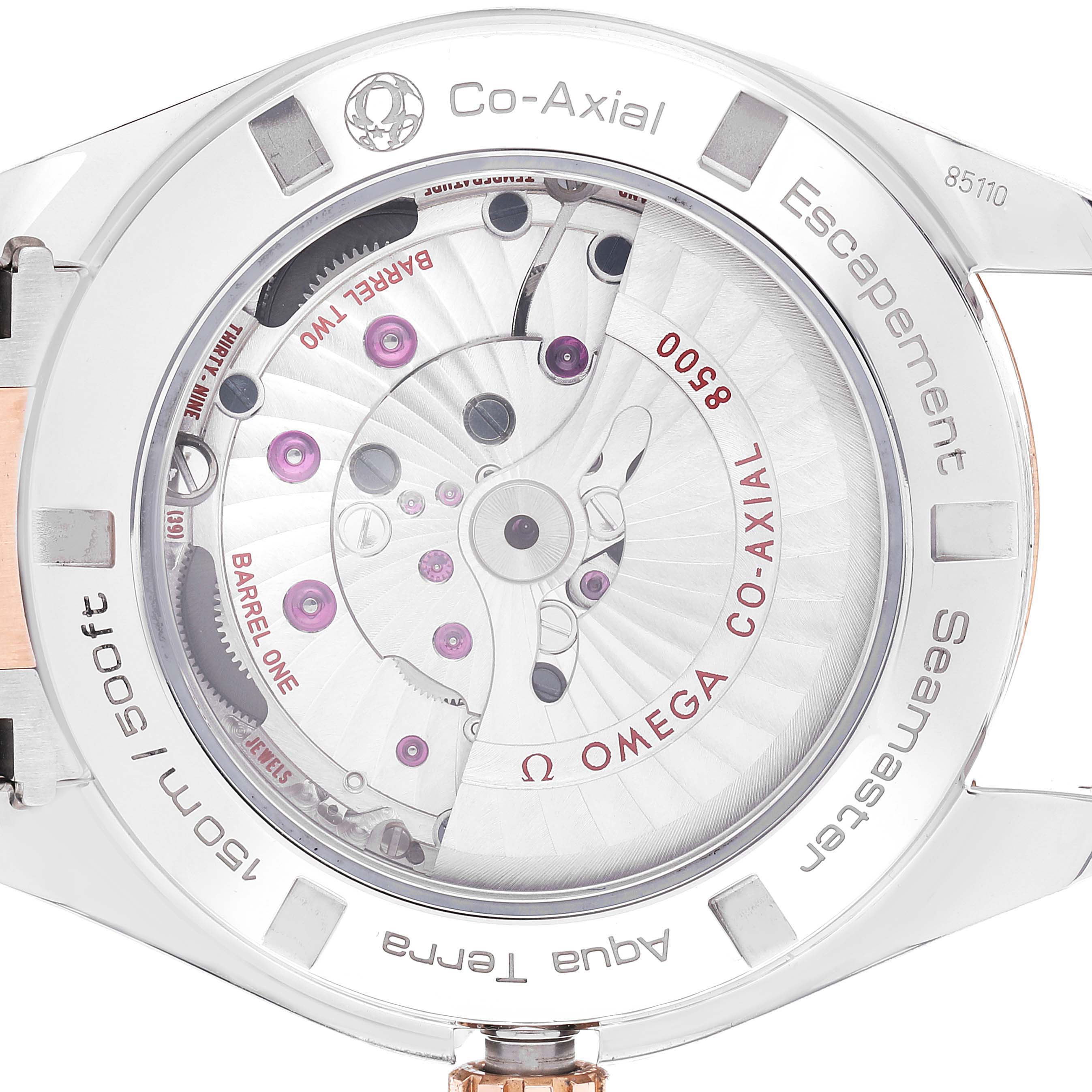 The image shows the back case and internal mechanism of the Aqua Terra model by Omega, highlighting the Co-Axial movement.