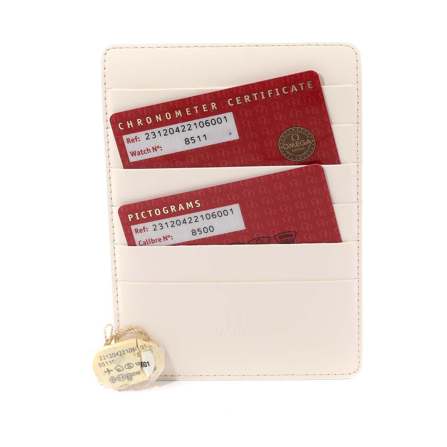 The image shows the certificates and tags for an Omega Aqua Terra 231.20.42.21.06.001 Men's Steel and Gold (two tone) Grey Dial 231.20.42.21.06.001 Men's Steel and Gold (two tone) Grey Dial watch, including a chronometer certificate and pictograms card.