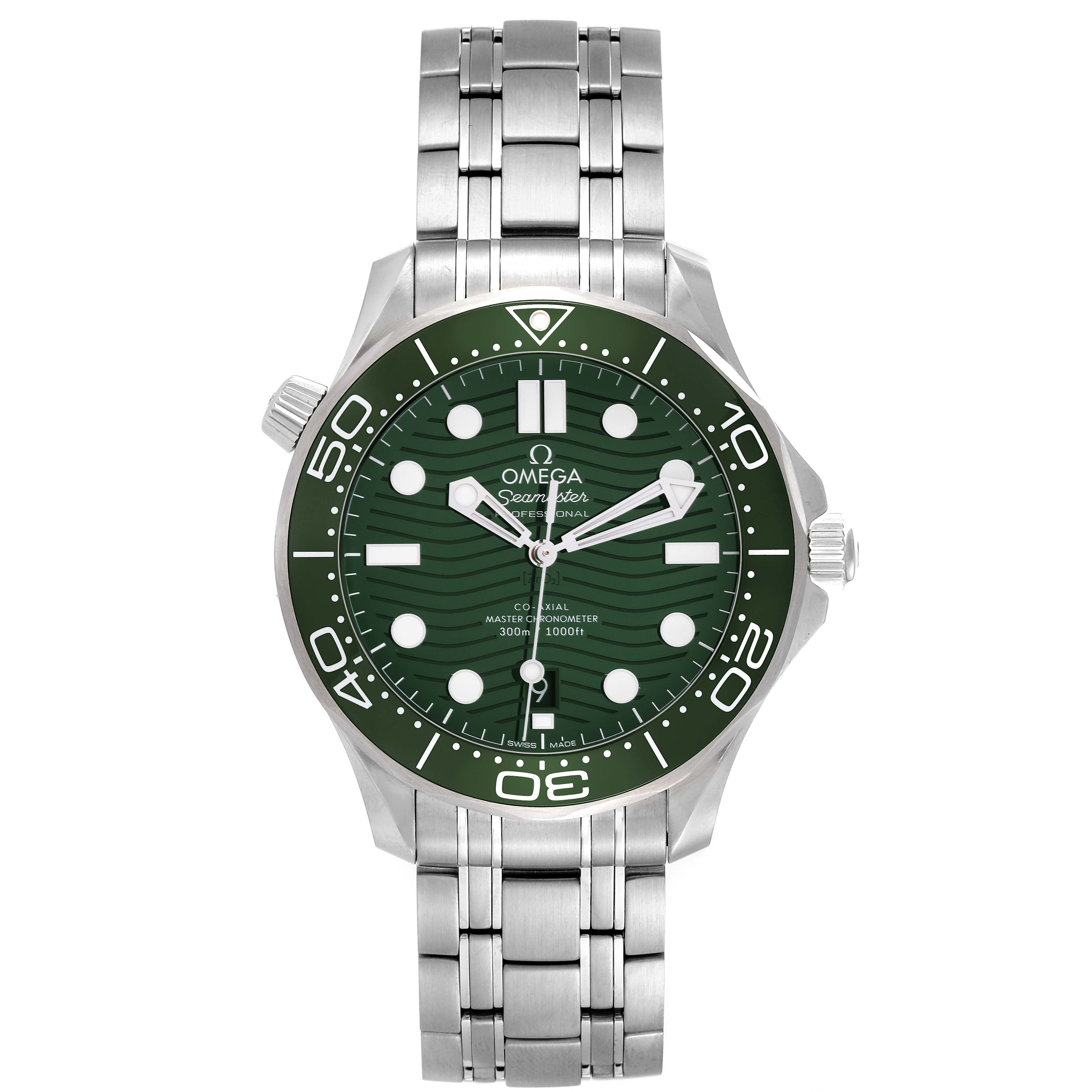 The image shows a front view of the Omega Seamaster 210.30.42.20.10.001 Men's Stainless Steel Green Dial 210.30.42.20.10.001 Men's Stainless Steel Green Dial watch, featuring its green dial, bezel, and stainless steel bracelet.
