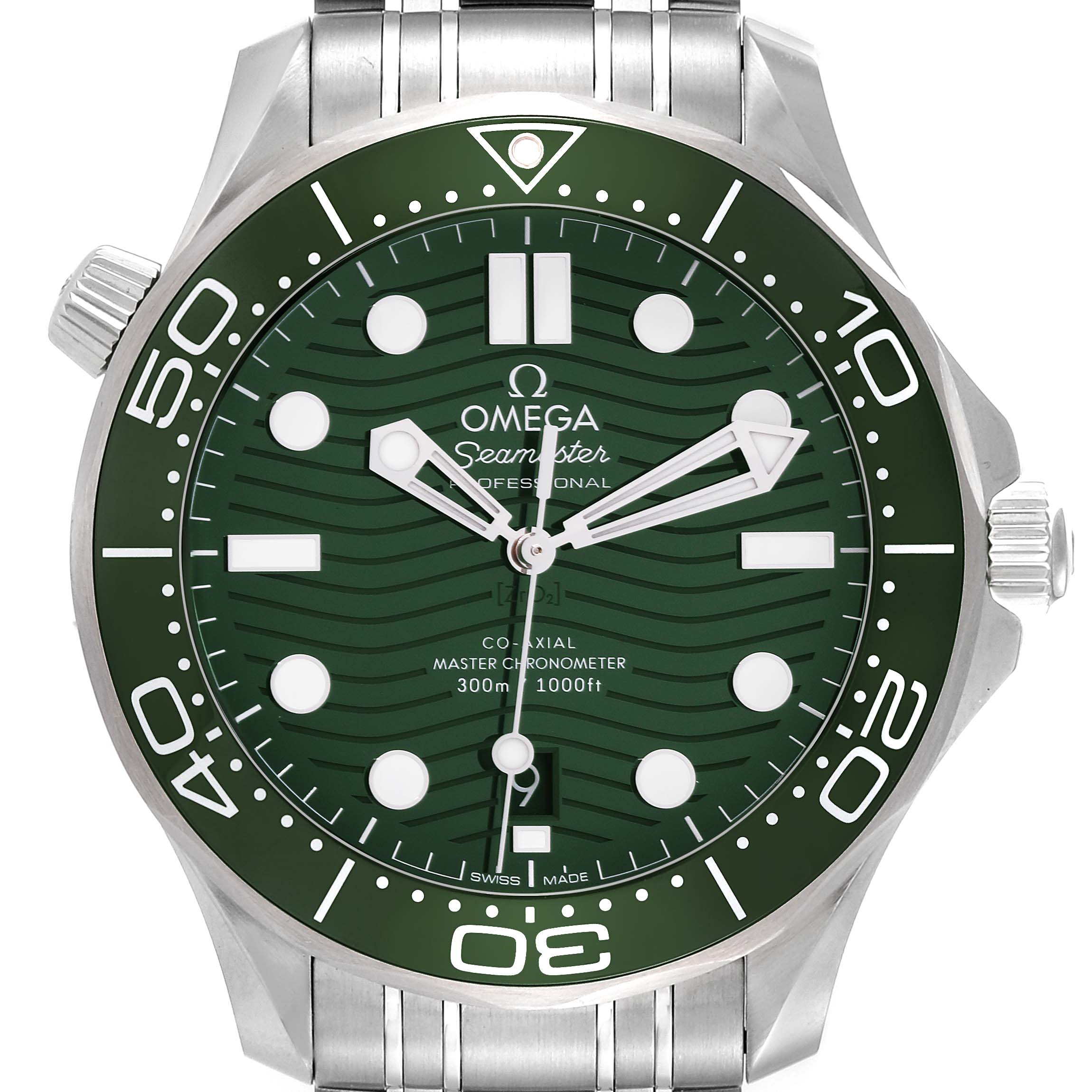 This Omega Seamaster 210.30.42.20.10.001 Men's Stainless Steel Green Dial 210.30.42.20.10.001 Men's Stainless Steel Green Dial watch is shown from the front, displaying its green dial, bezel, and stainless steel bracelet.