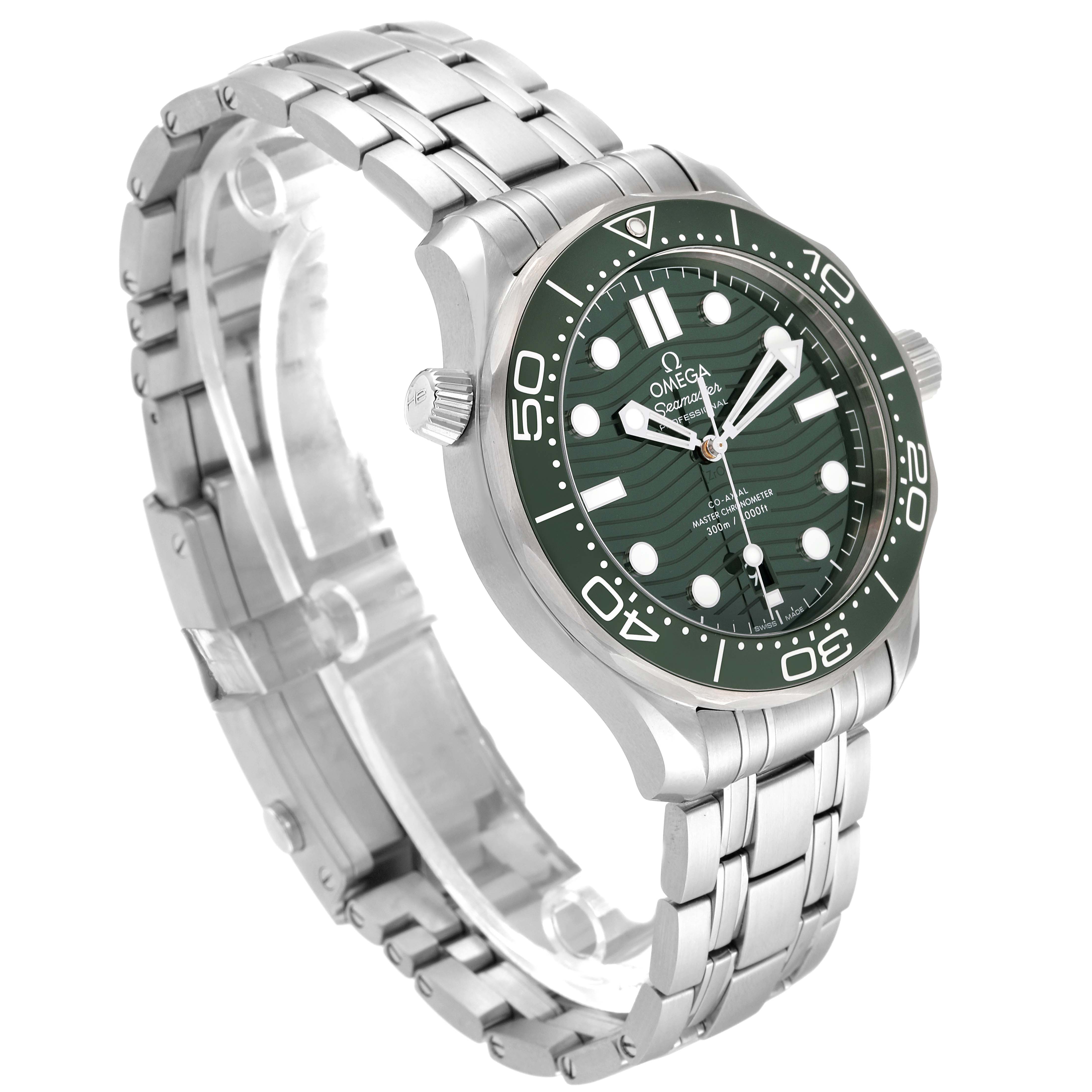 The image shows an angled side view of the Omega Seamaster 210.30.42.20.10.001 Men's Stainless Steel Green Dial 210.30.42.20.10.001 Men's Stainless Steel Green Dial watch, highlighting its green dial, bezel, and stainless steel bracelet.