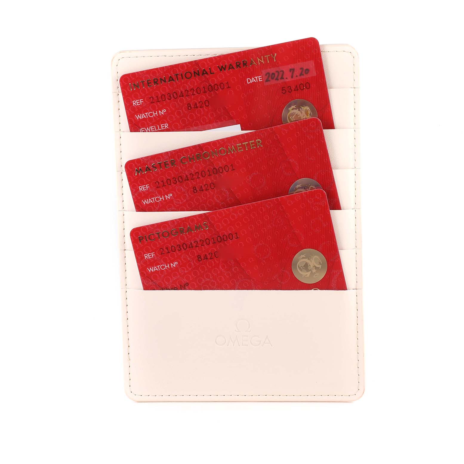 The image shows Omega Seamaster 210.30.42.20.10.001 Men's Stainless Steel Green Dial 210.30.42.20.10.001 Men's Stainless Steel Green Dial model's international warranty, master chronometer, and pictograms cards in a white holder.