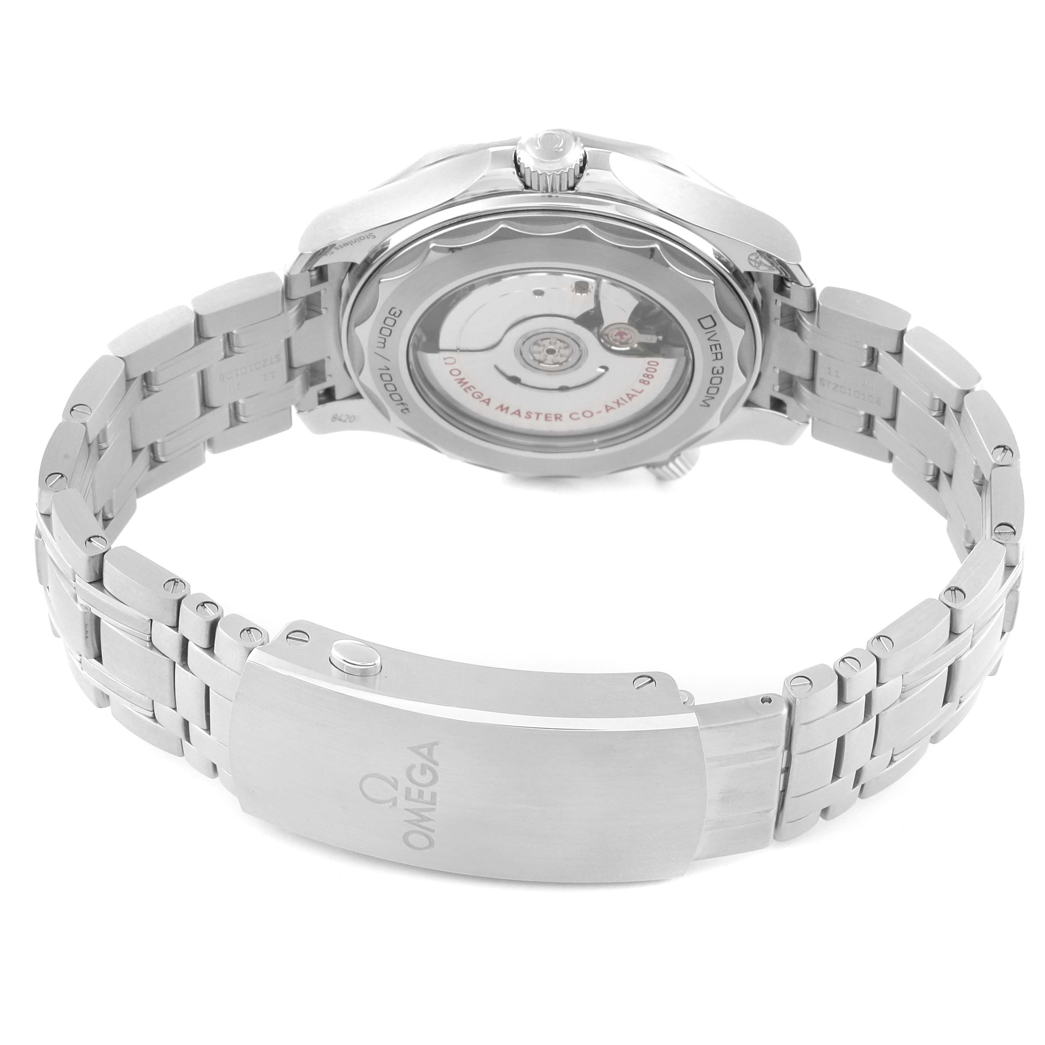 The image shows the Omega Seamaster 210.30.42.20.10.001 Men's Stainless Steel Green Dial 210.30.42.20.10.001 Men's Stainless Steel Green Dial watch from a rear angle, highlighting the back case and metal bracelet.