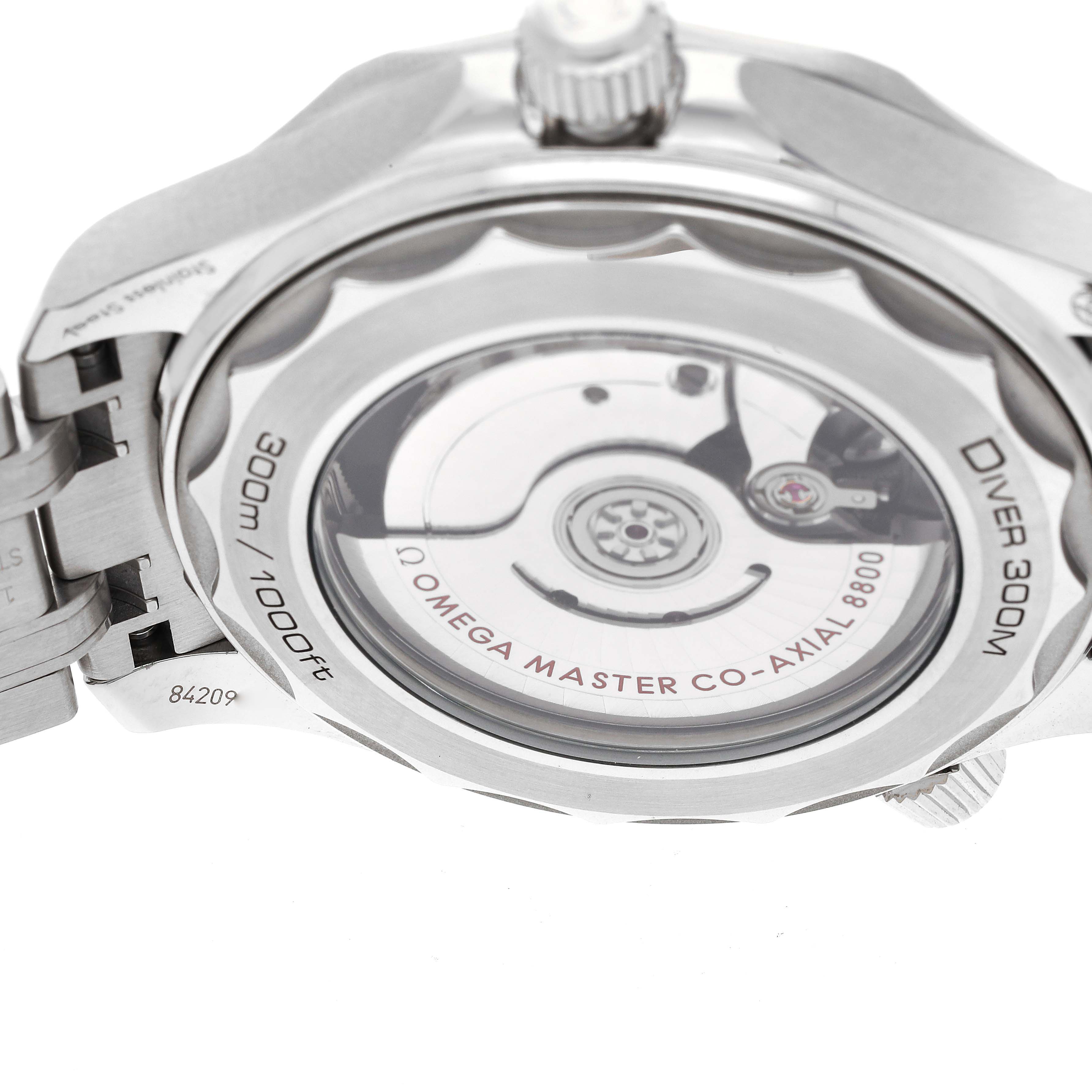 This image shows the back view of the Omega Seamaster 210.30.42.20.10.001 Men's Stainless Steel Green Dial 210.30.42.20.10.001 Men's Stainless Steel Green Dial Diver 300M watch, highlighting its transparent case back and movement.