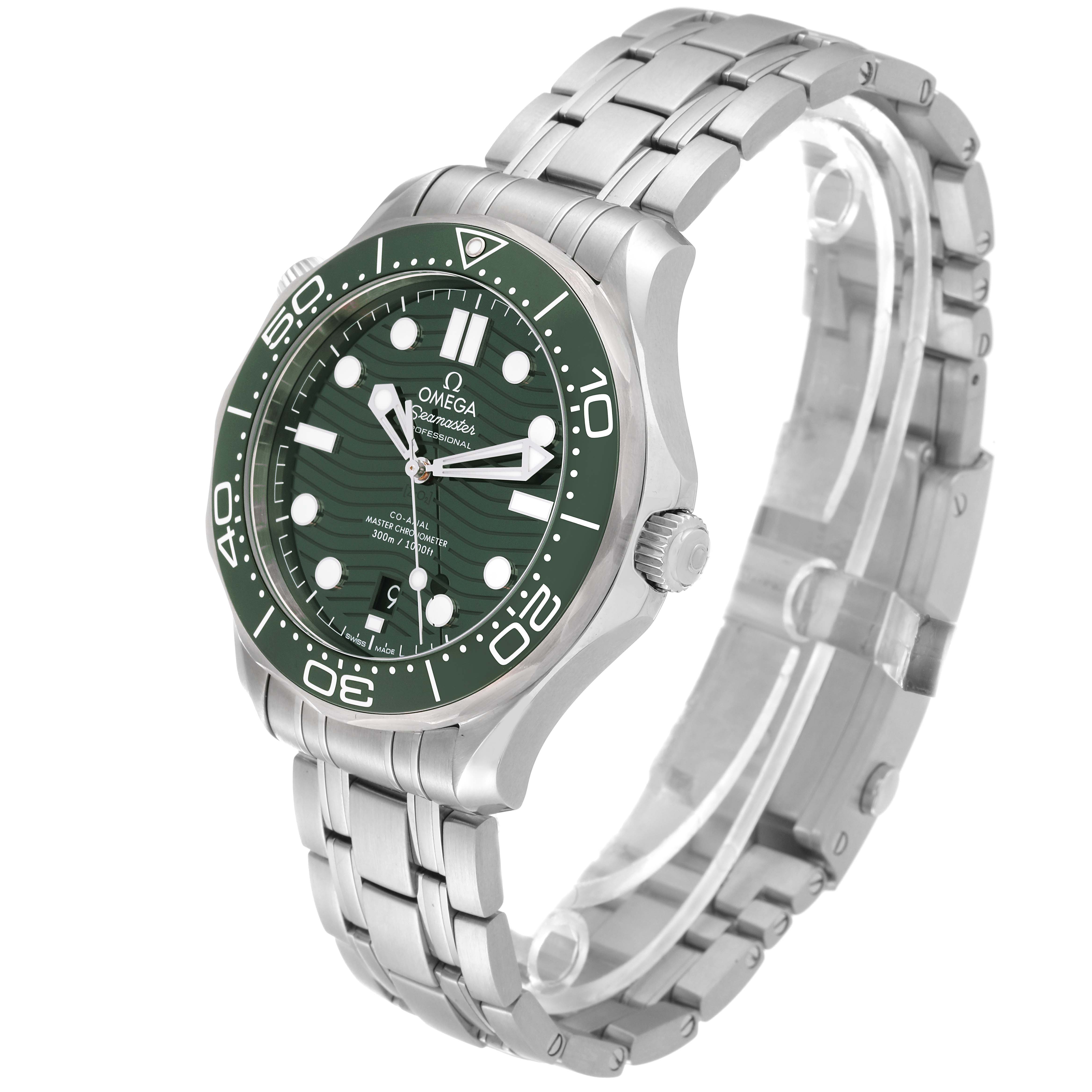 The Omega Seamaster 210.30.42.20.10.001 Men's Stainless Steel Green Dial 210.30.42.20.10.001 Men's Stainless Steel Green Dial is shown at a three-quarter angle highlighting the watch face, bezel, crown, and metal bracelet.