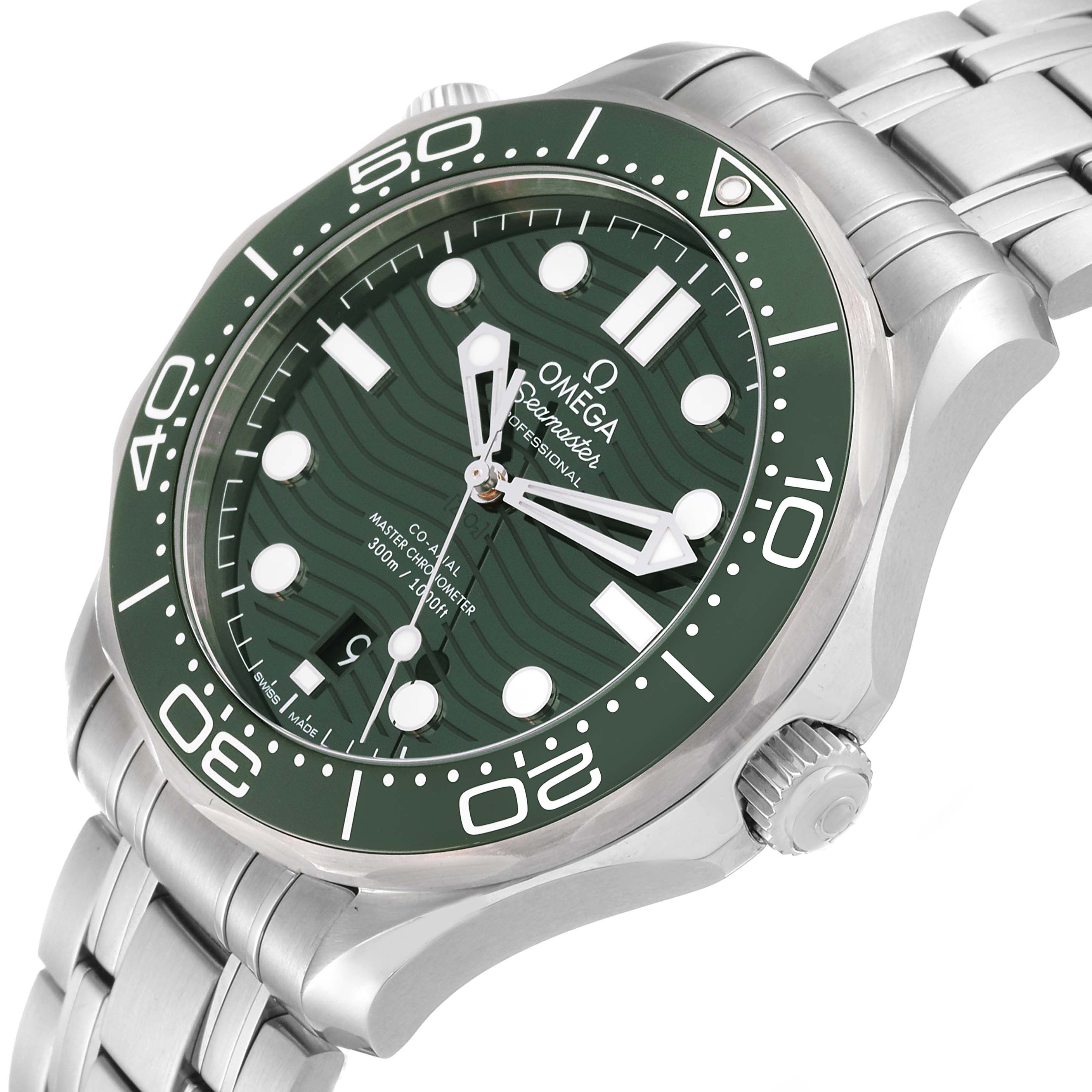 The Omega Seamaster 210.30.42.20.10.001 Men's Stainless Steel Green Dial 210.30.42.20.10.001 Men's Stainless Steel Green Dial watch is shown from a slight angle, displaying the face, bezel, crown, and stainless steel bracelet.