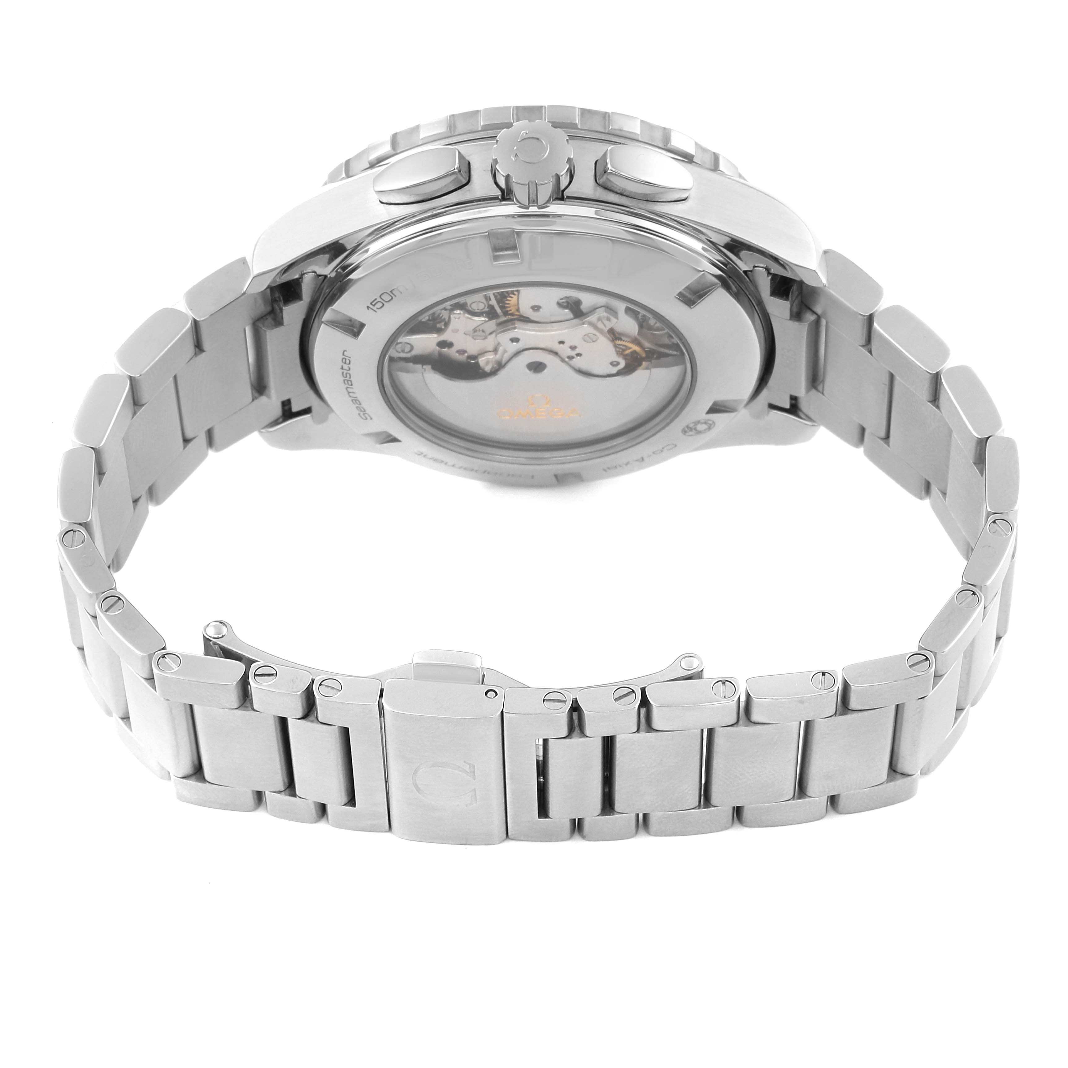 The image shows the back of an Omega Seamaster 231.10.44.52.04.001 Men's Stainless Steel White Dial 231.10.44.52.04.001 Men's Stainless Steel White Dial watch, highlighting the transparent case back and stainless steel bracelet.