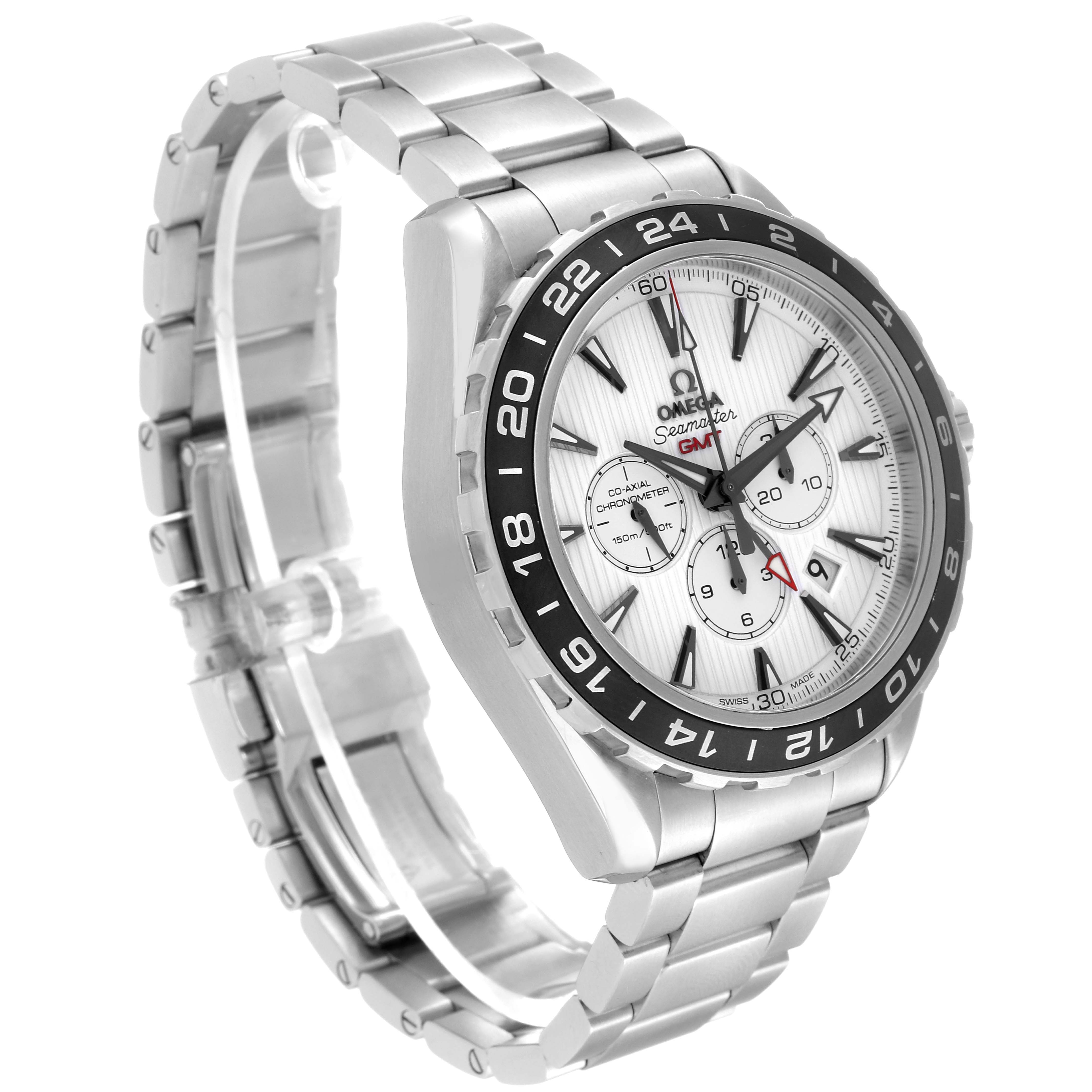 The image shows an Omega Seamaster 231.10.44.52.04.001 Men's Stainless Steel White Dial 231.10.44.52.04.001 Men's Stainless Steel White Dial watch at a three-quarter angle, displaying the face, bezel, and metal bracelet.