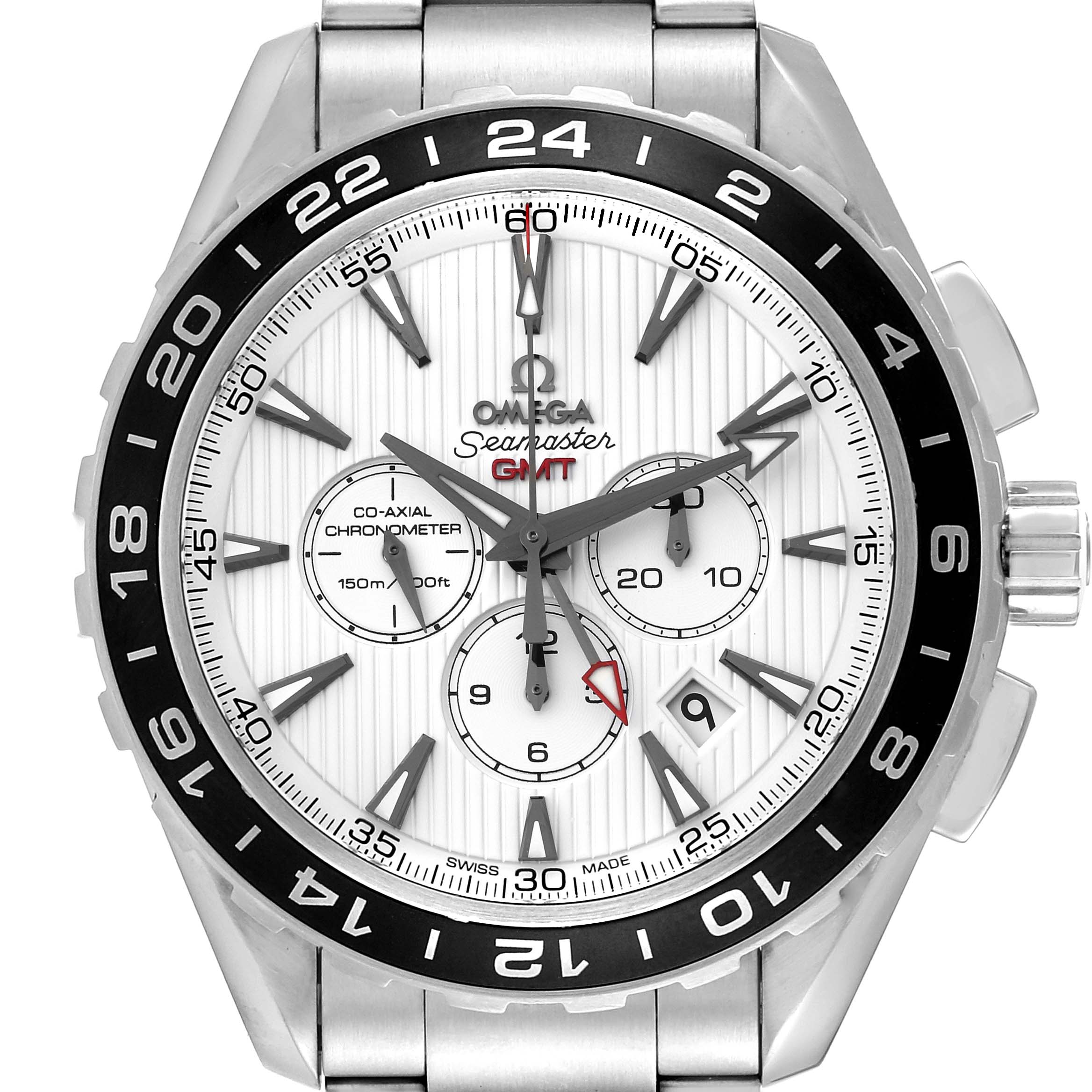 The image shows a front view of the Omega Seamaster 231.10.44.52.04.001 Men's Stainless Steel White Dial 231.10.44.52.04.001 Men's Stainless Steel White Dial GMT watch, highlighting the dial, bezel, and chronograph functions.