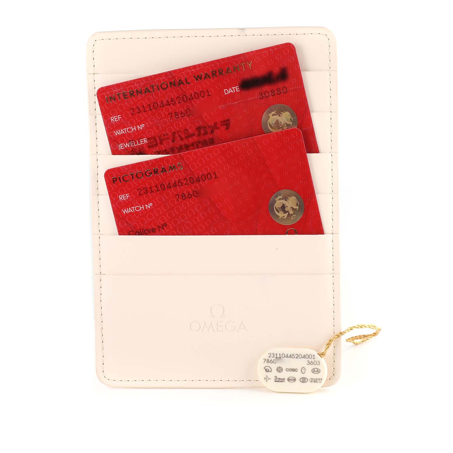 The image shows an Omega Seamaster 231.10.44.52.04.001 Men's Stainless Steel White Dial 231.10.44.52.04.001 Men's Stainless Steel White Dial's international warranty and pictograms cards in a white cardholder.