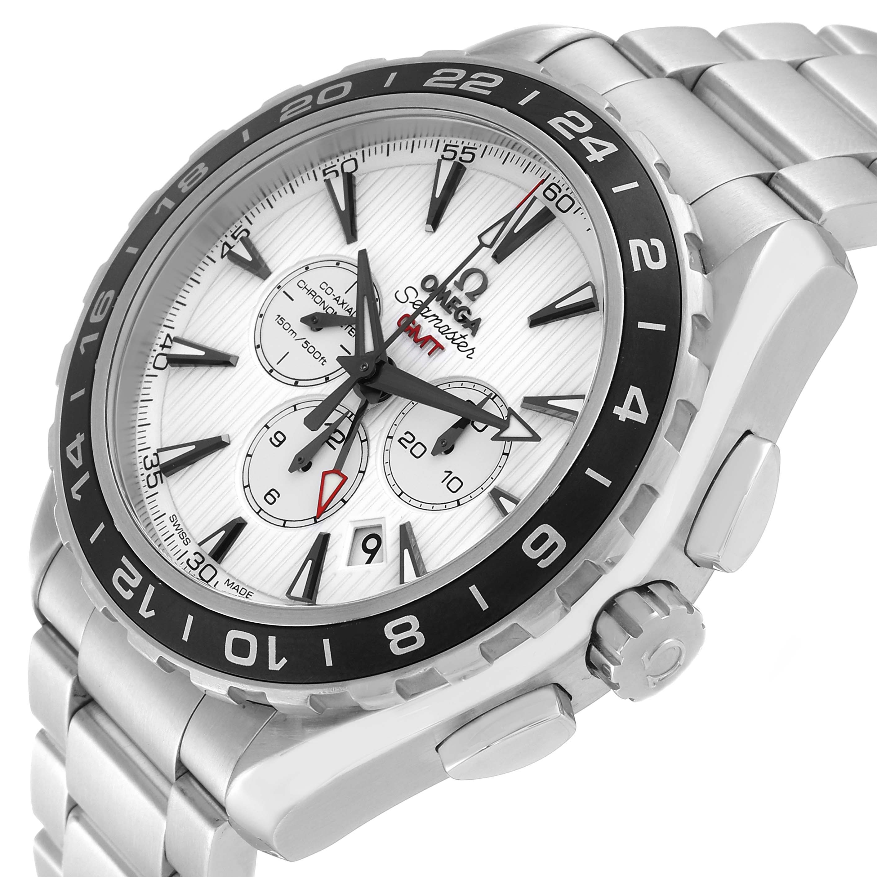 The image shows an angled view of the Omega Seamaster 231.10.44.52.04.001 Men's Stainless Steel White Dial 231.10.44.52.04.001 Men's Stainless Steel White Dial watch, highlighting its face, bezel, pushers, and part of the bracelet.