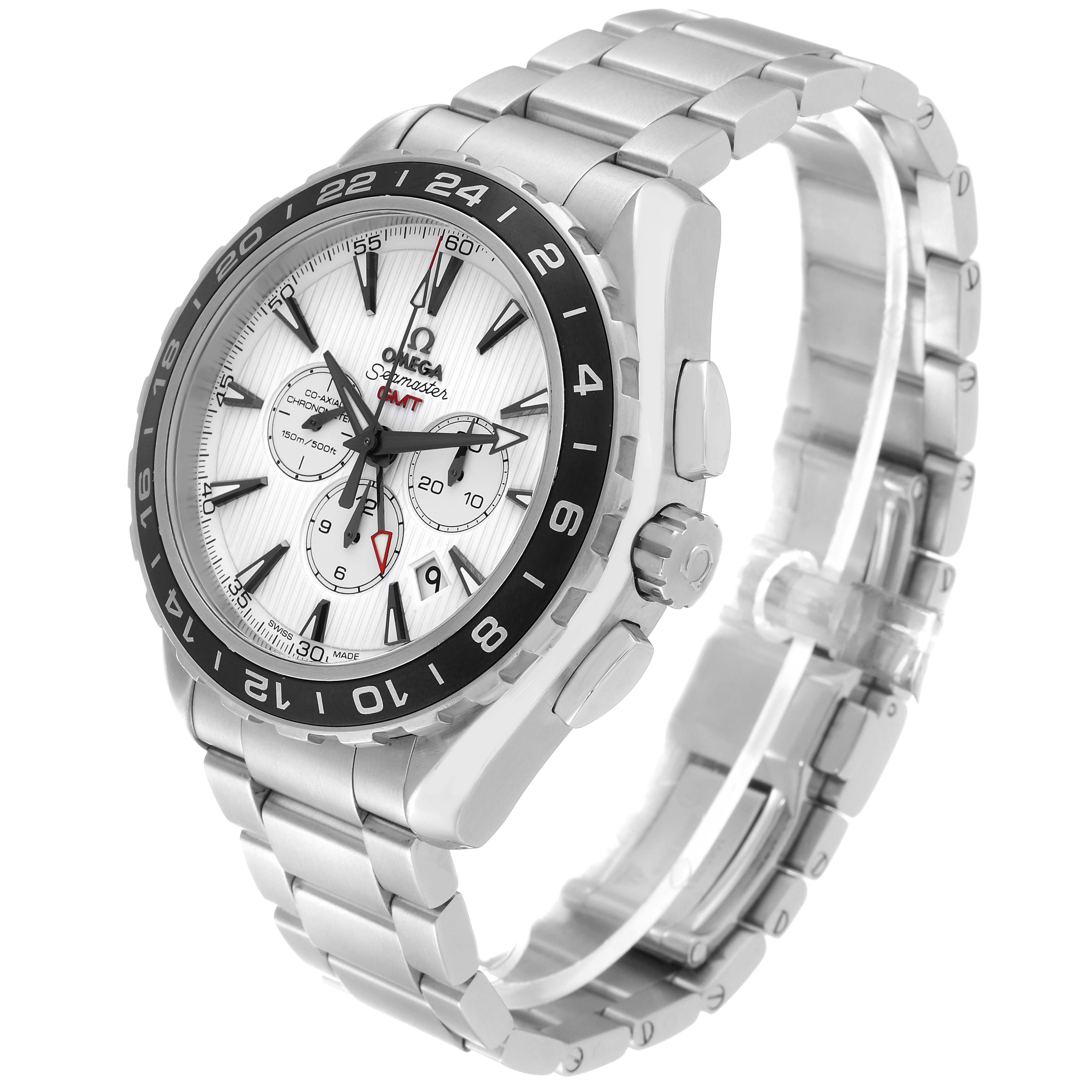 This image shows an Omega Seamaster 231.10.44.52.04.001 Men's Stainless Steel White Dial 231.10.44.52.04.001 Men's Stainless Steel White Dial watch from a front-left angle, highlighting the dial, bezel, and stainless steel bracelet.