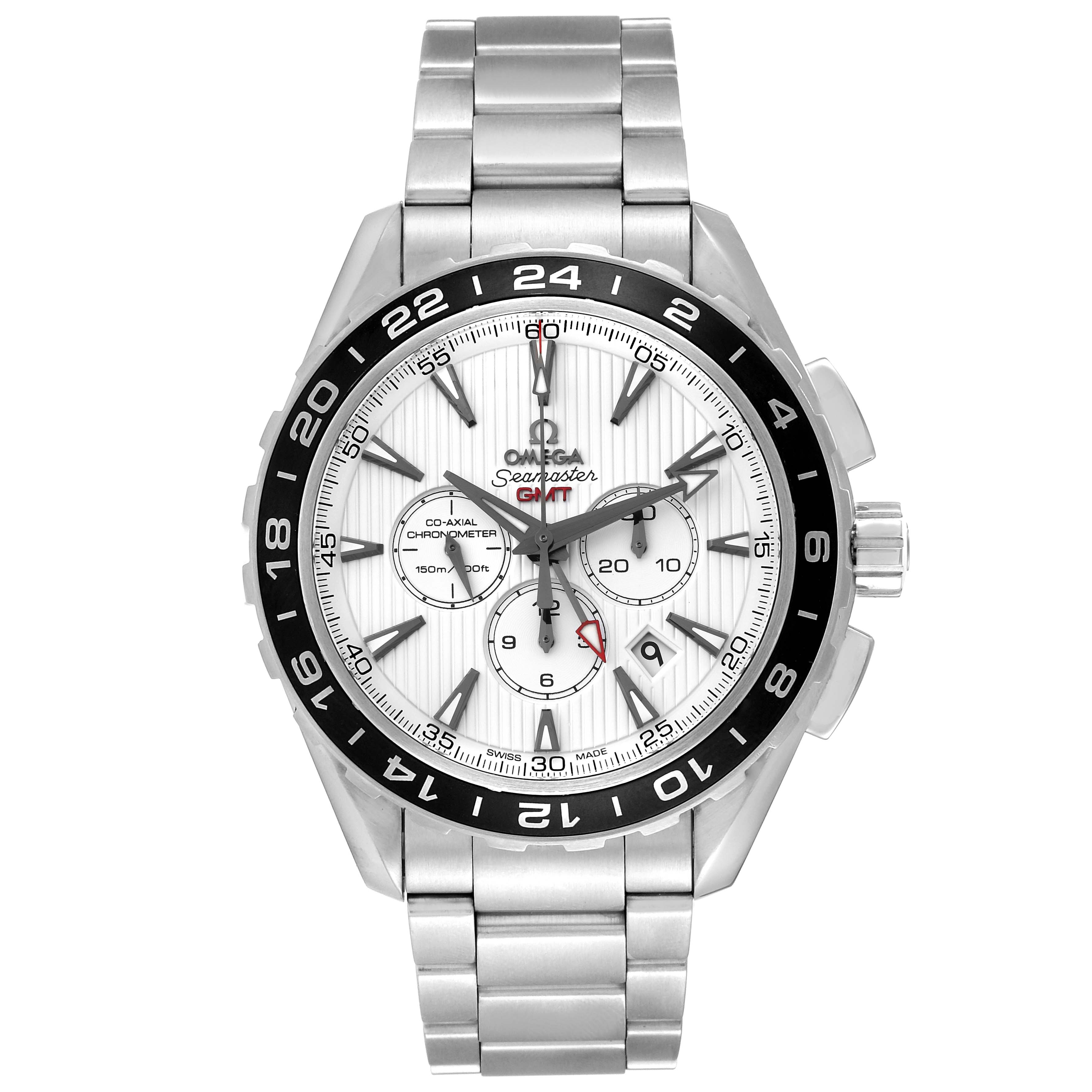 The Omega Seamaster 231.10.44.52.04.001 Men's Stainless Steel White Dial 231.10.44.52.04.001 Men's Stainless Steel White Dial watch is shown from a front angle, displaying the dial, bezel, and metal bracelet.