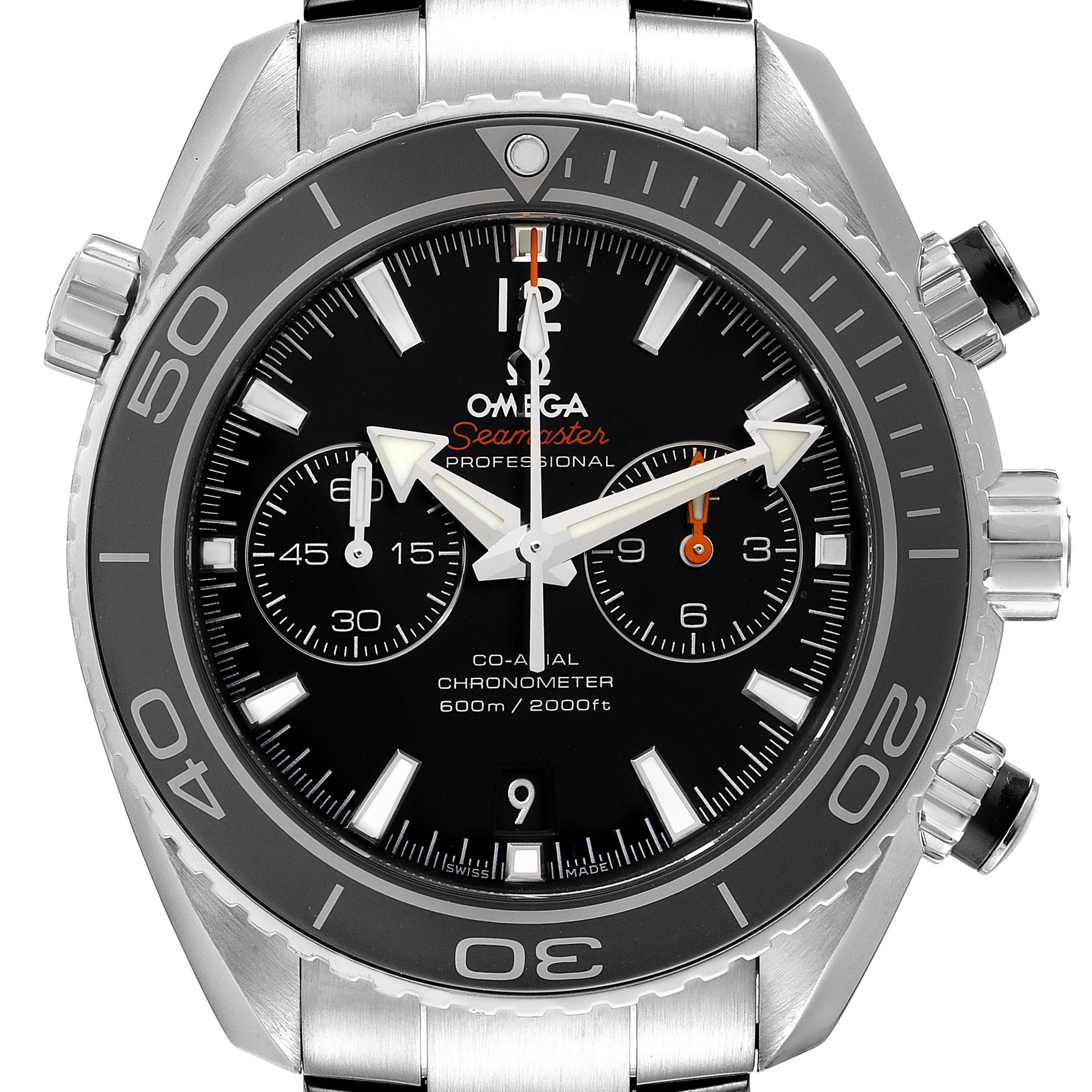 This image shows a front view of the Omega Seamaster Planet Ocean model watch, highlighting the bezel, dial, and chronograph subdials.