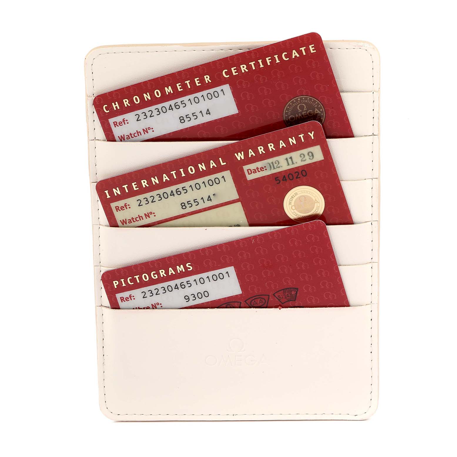 The image shows a white cardholder with three red cards for an Omega Planet Ocean 232.30.46.51.01.001 Men's Stainless Steel Black Dial 232.30.46.51.01.001 Men's Stainless Steel Black Dial watch, including a chronometer certificate, international warranty, and pictograms.