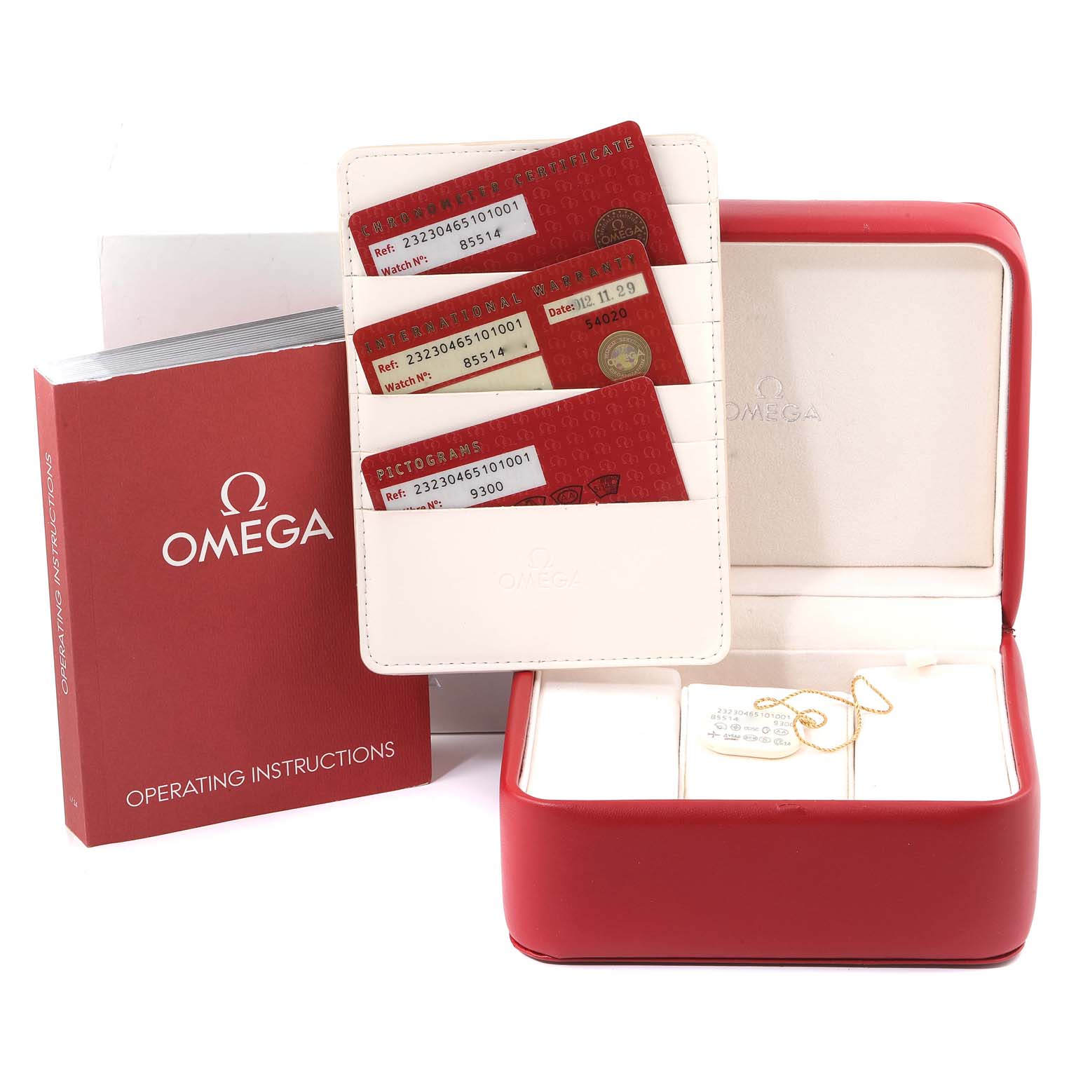 The image of the Omega Planet Ocean 232.30.46.51.01.001 Men's Stainless Steel Black Dial 232.30.46.51.01.001 Men's Stainless Steel Black Dial model watch accessories shows the box, instructions, and certification cards from an angled view.