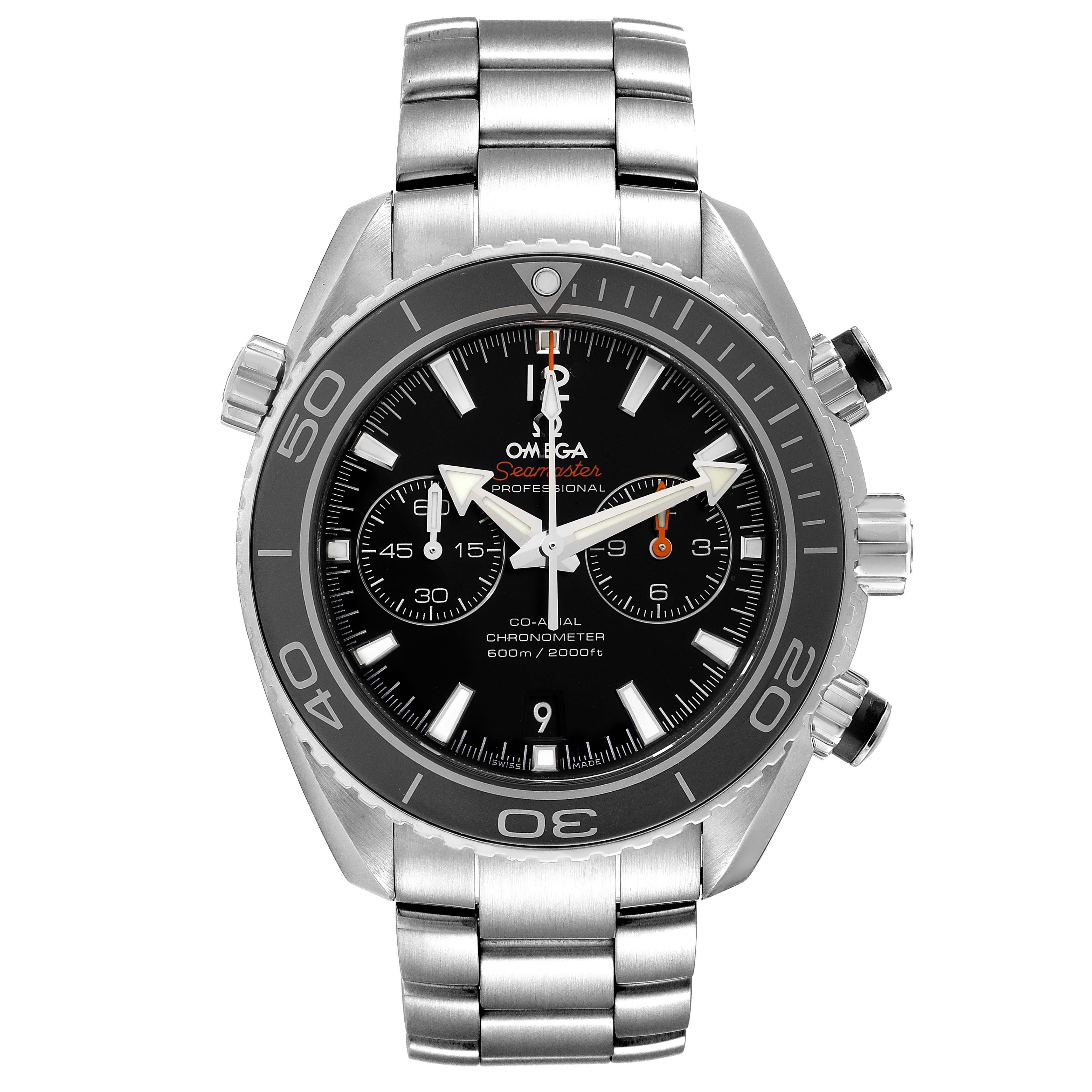 The Omega Planet Ocean 232.30.46.51.01.001 Men's Stainless Steel Black Dial 232.30.46.51.01.001 Men's Stainless Steel Black Dial watch is shown from a front angle displaying its face, bezel, and stainless steel bracelet.