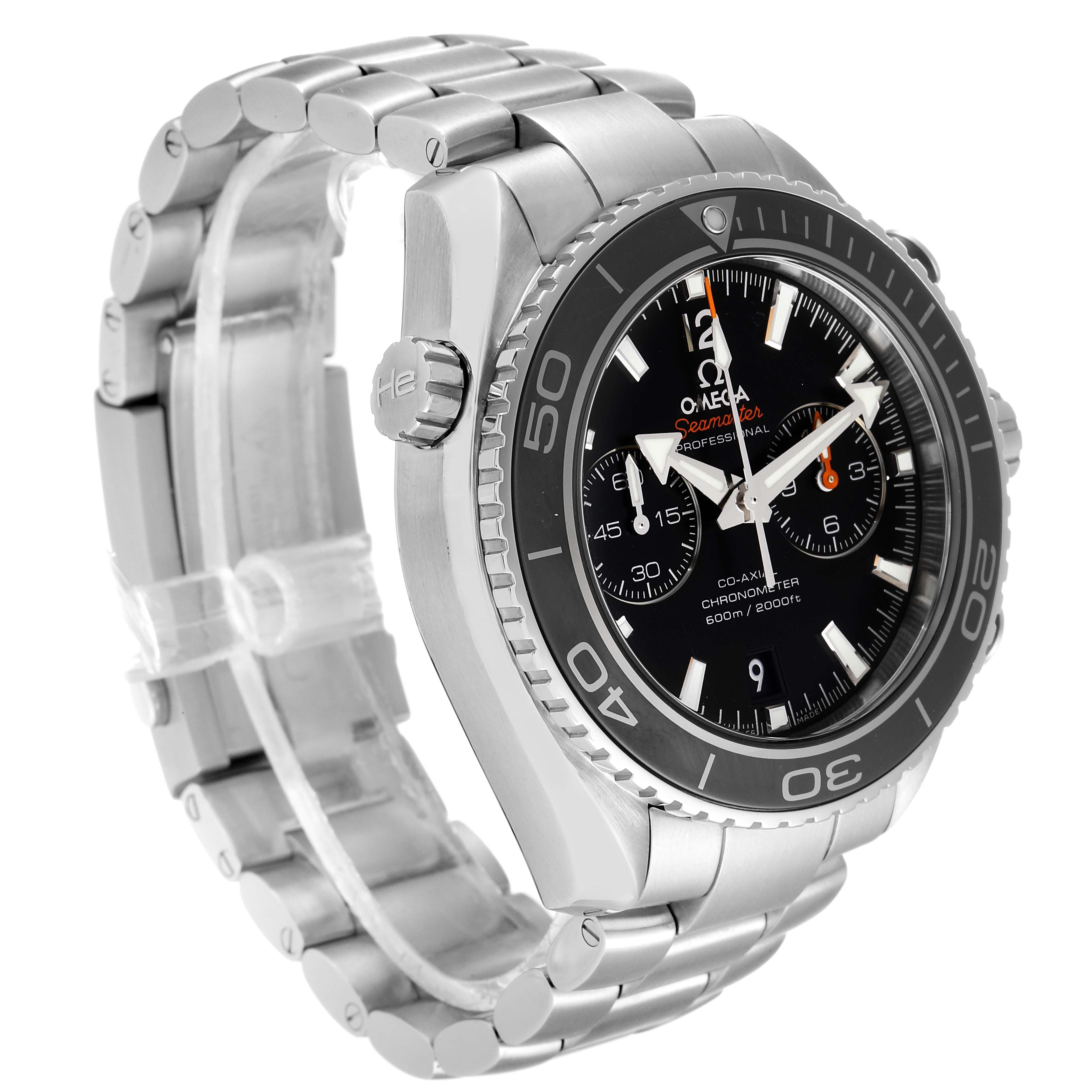 The image shows a side-angled view of the Omega Planet Ocean 232.30.46.51.01.001 Men's Stainless Steel Black Dial 232.30.46.51.01.001 Men's Stainless Steel Black Dial watch, highlighting the bezel, dial, crown, and metal bracelet.