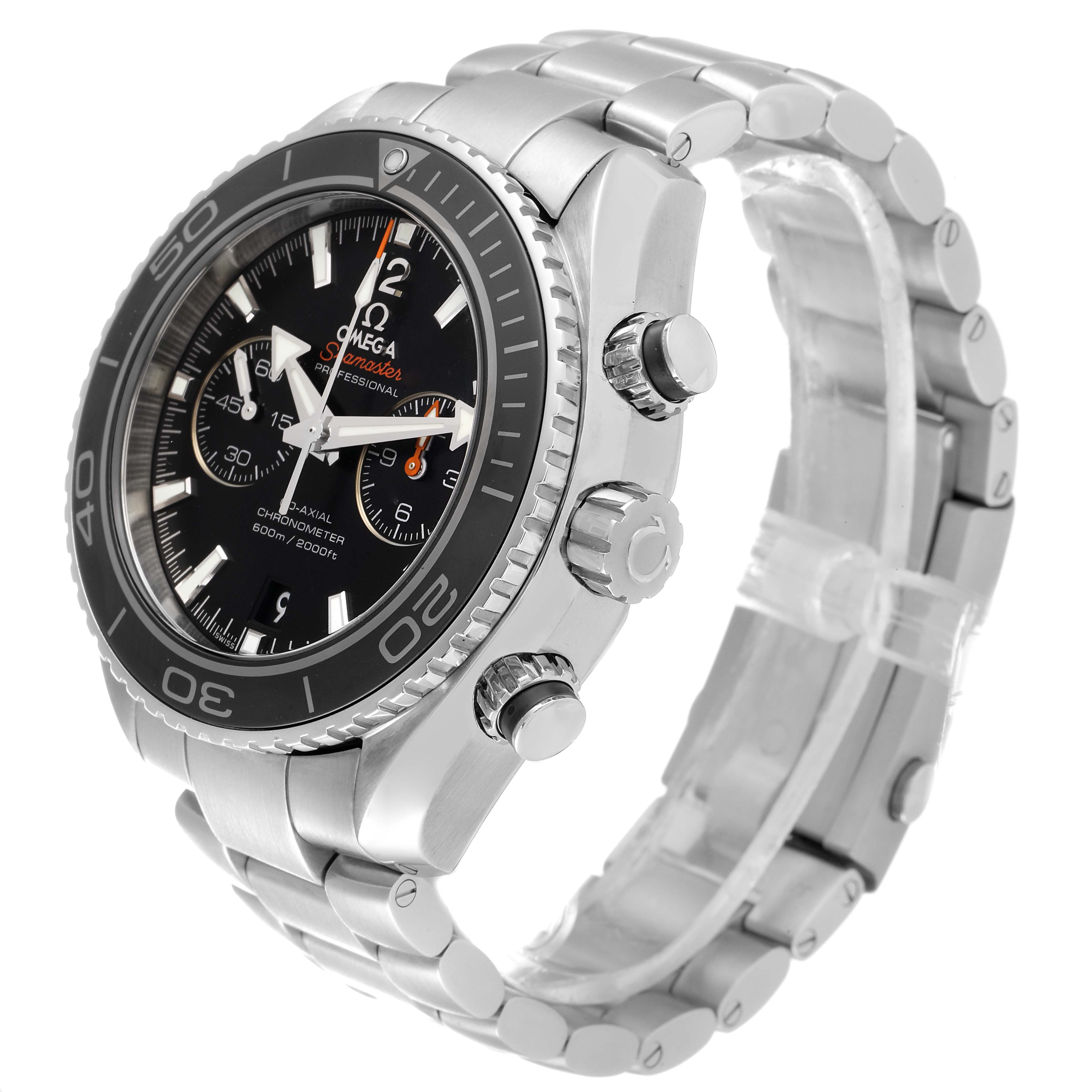 The image shows an Omega Planet Ocean 232.30.46.51.01.001 Men's Stainless Steel Black Dial 232.30.46.51.01.001 Men's Stainless Steel Black Dial watch angled from the front-right, highlighting its face, bezel, crown, pushers, and bracelet.