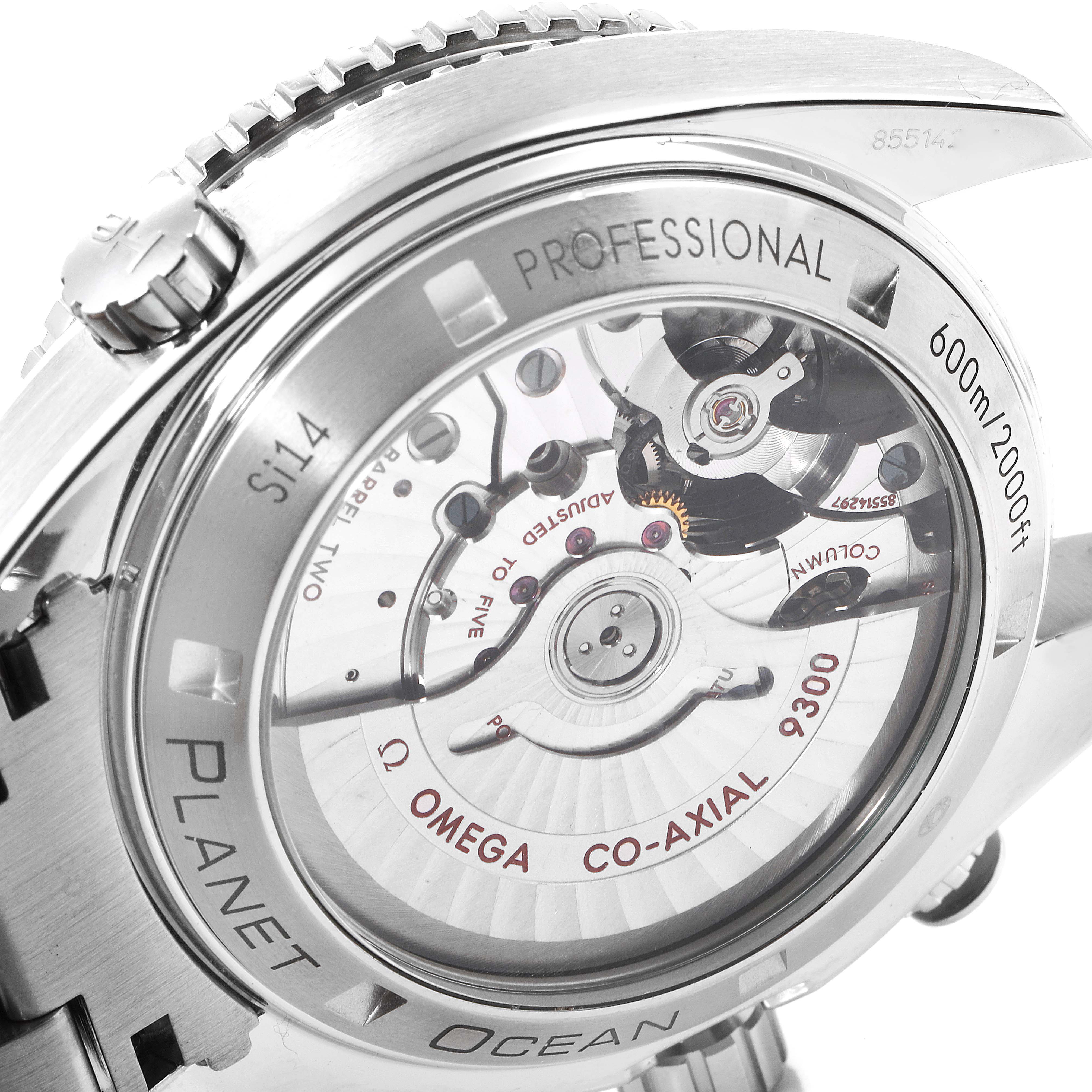 The image shows the back view of the Omega Planet Ocean 232.30.46.51.01.001 Men's Stainless Steel Black Dial 232.30.46.51.01.001 Men's Stainless Steel Black Dial watch, highlighting its transparent case-back and internal mechanisms.