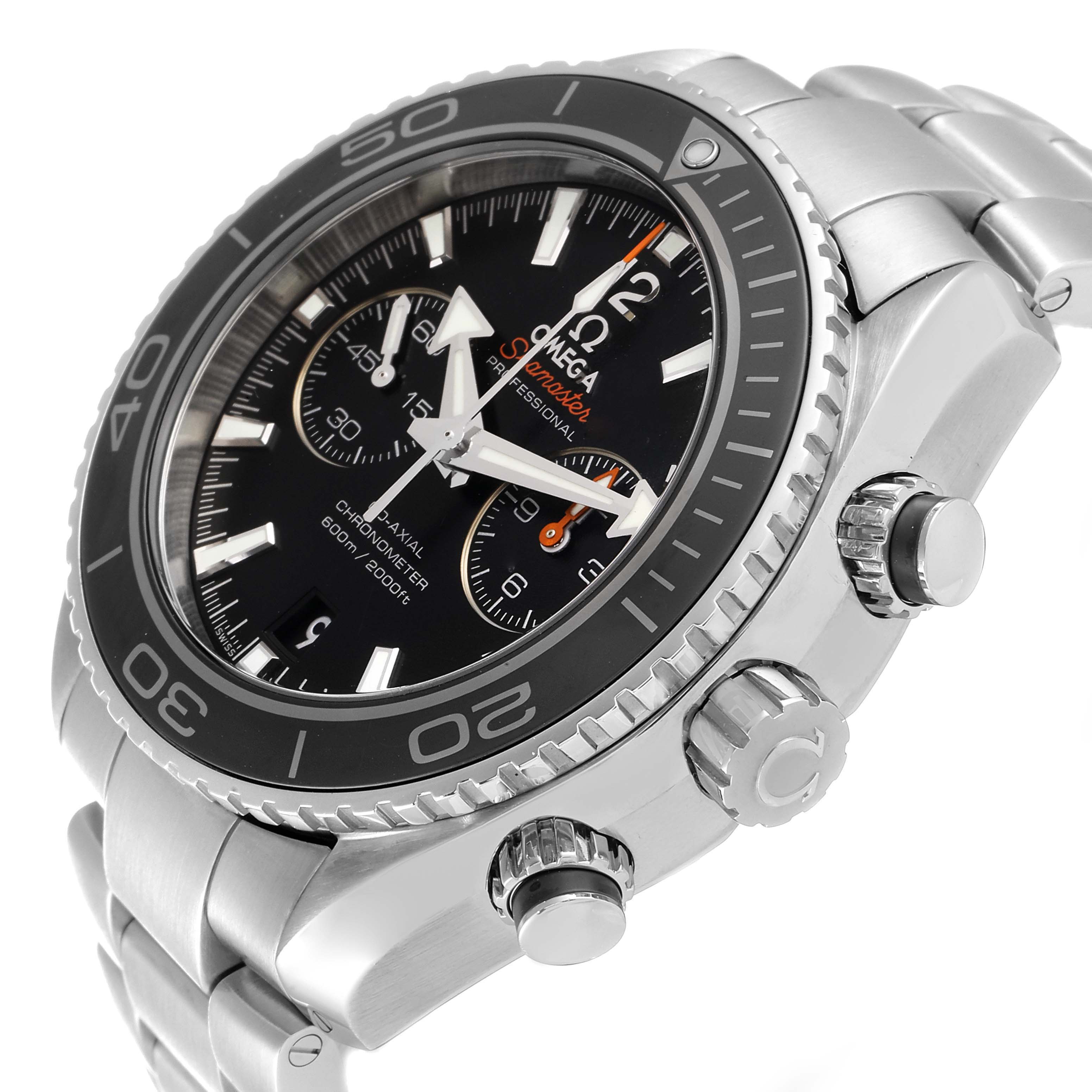 This image shows a three-quarter angled view of the Omega Planet Ocean 232.30.46.51.01.001 Men's Stainless Steel Black Dial 232.30.46.51.01.001 Men's Stainless Steel Black Dial watch, highlighting the face, bezel, crown, pushers, and part of the bracelet.