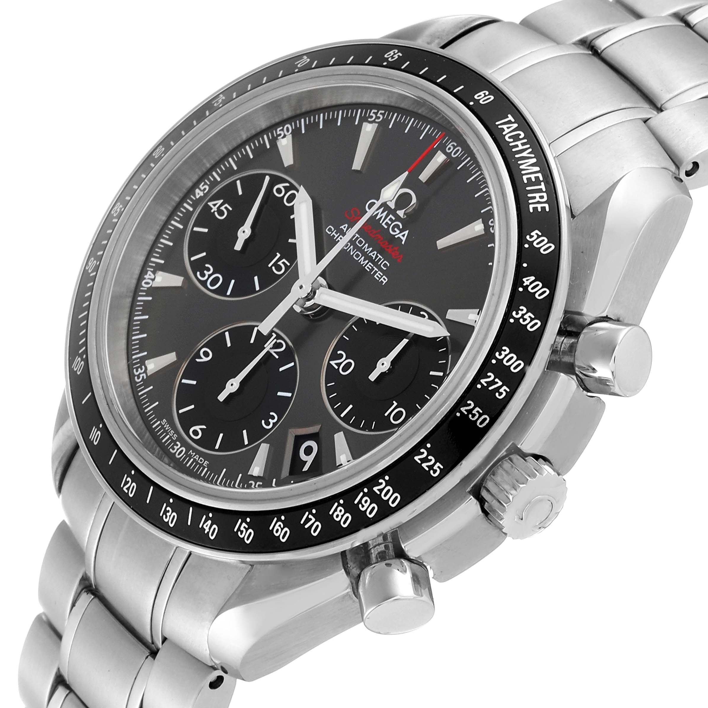 The Omega Speedmaster 323.30.40.40.06.001 Men
s Stainless Steel Grey Dial 323.30.40.40.06.001 Men
s Stainless Steel Grey Dial watch is displayed at a three-quarter angle showing the dial, bezel, pushers, and part of the bracelet.