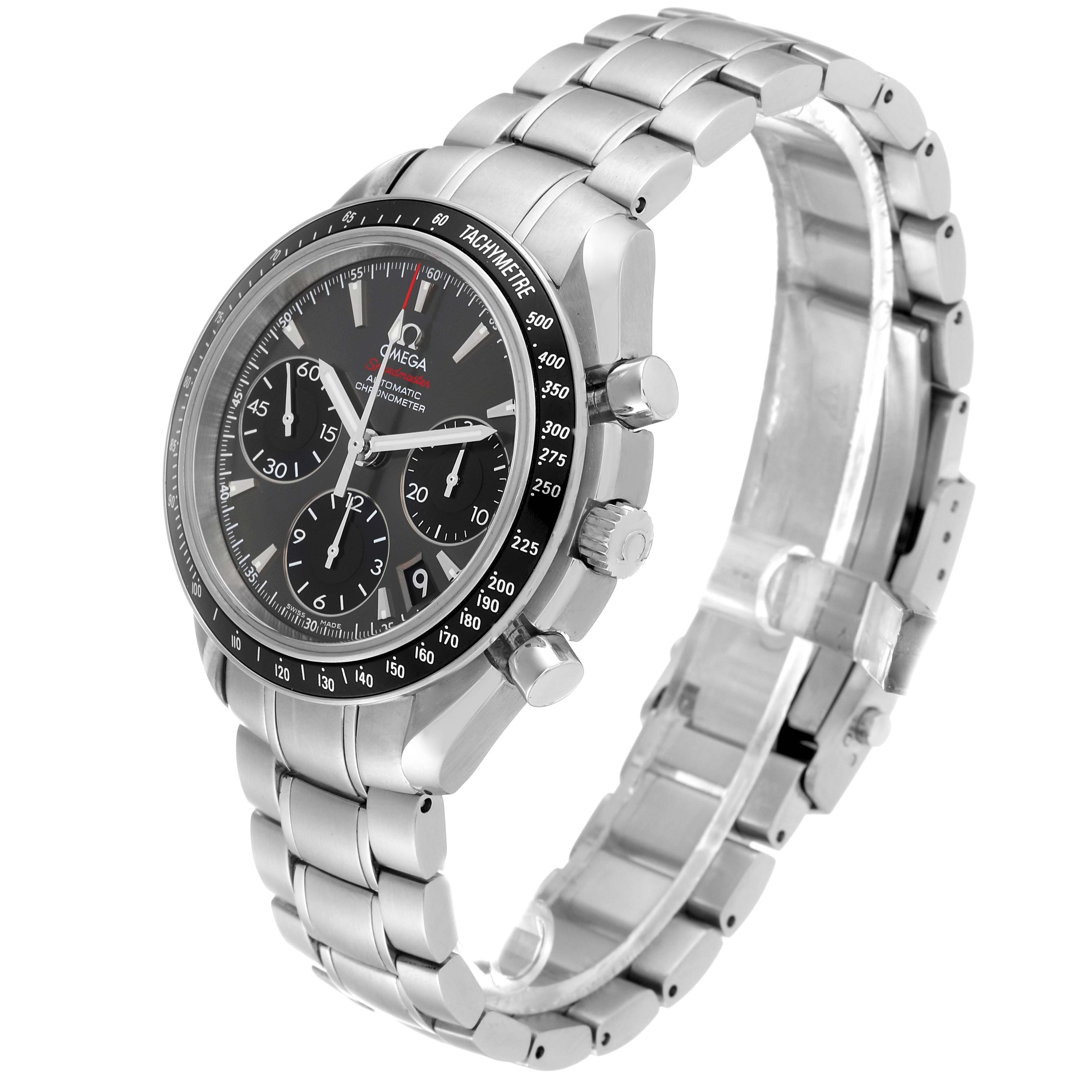 The image shows an Omega Speedmaster 323.30.40.40.06.001 Men
s Stainless Steel Grey Dial 323.30.40.40.06.001 Men
s Stainless Steel Grey Dial watch at a three-quarter angle, highlighting the dial, bezel, and stainless steel bracelet.