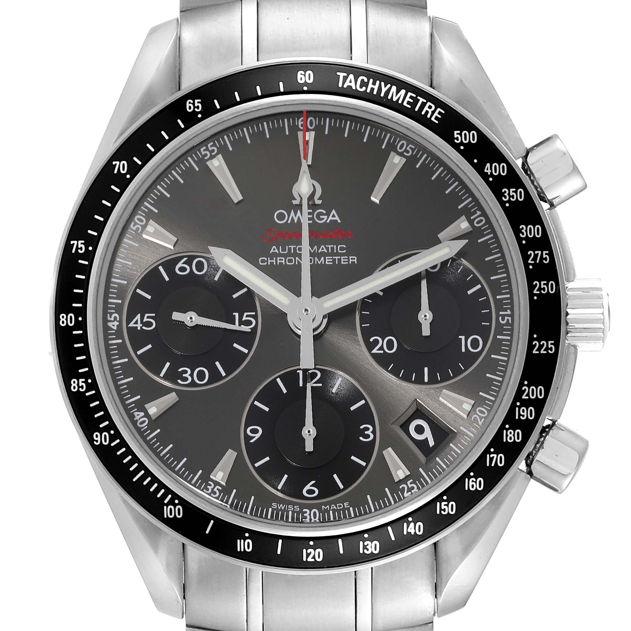 The image shows a front view of the Omega Speedmaster 323.30.40.40.06.001 Men
s Stainless Steel Grey Dial 323.30.40.40.06.001 Men
s Stainless Steel Grey Dial watch, highlighting its dial, subdials, and bezel with tachymeter markings.