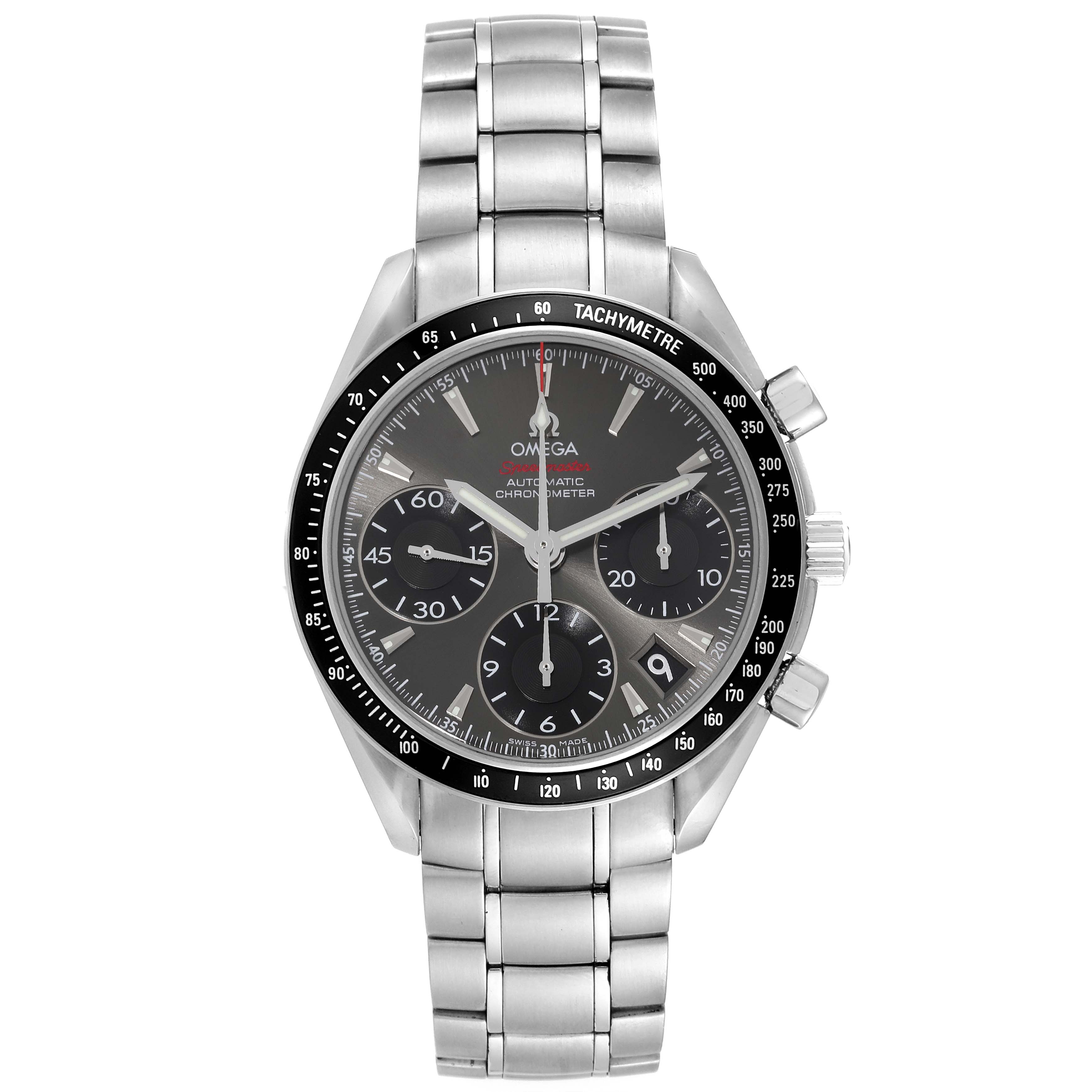 The Omega Speedmaster 323.30.40.40.06.001 Men
s Stainless Steel Grey Dial 323.30.40.40.06.001 Men
s Stainless Steel Grey Dial watch is shown from a front angle, highlighting its face, bezel, and stainless steel bracelet.