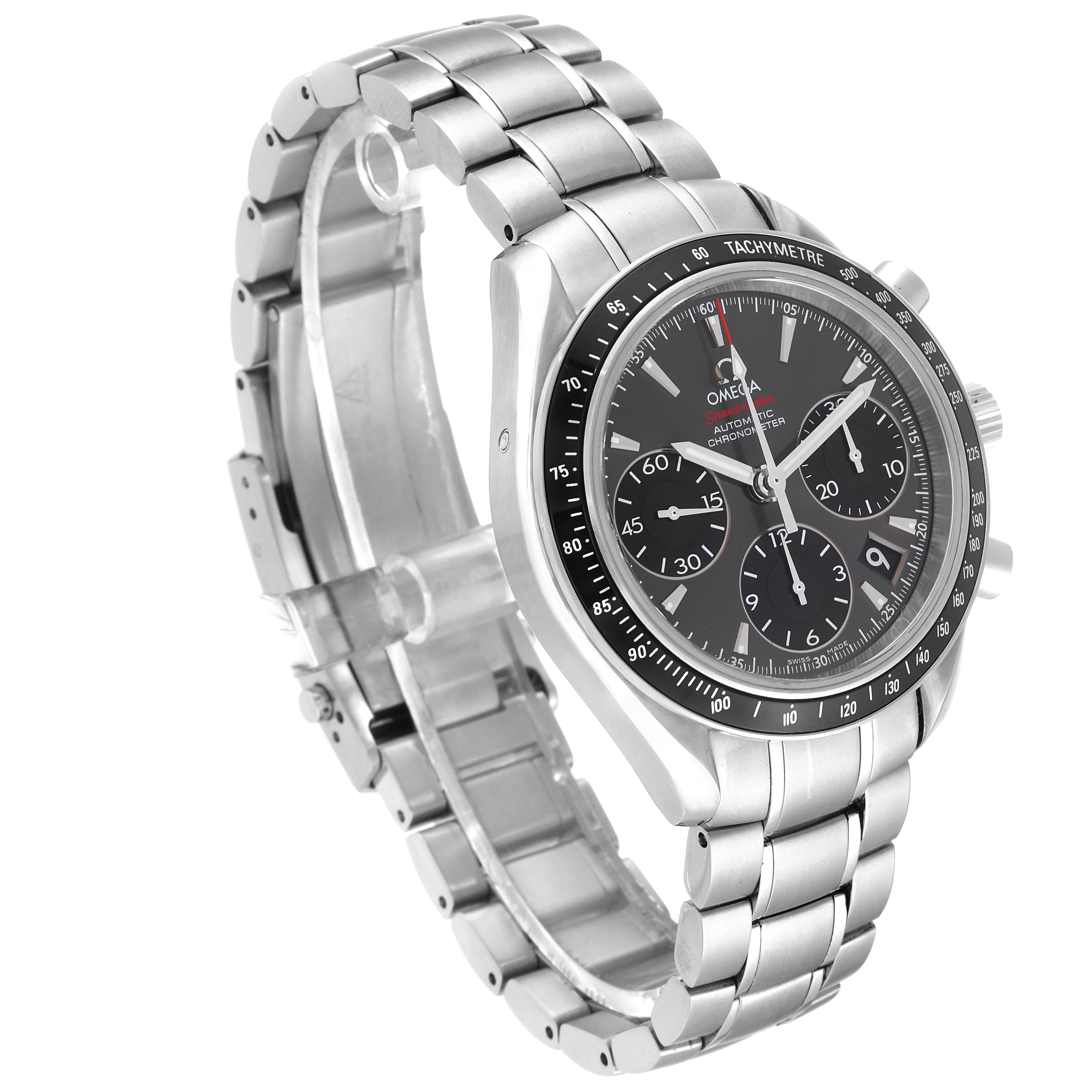 This image shows a side angle of the Omega Speedmaster 323.30.40.40.06.001 Men
s Stainless Steel Grey Dial 323.30.40.40.06.001 Men
s Stainless Steel Grey Dial watch, highlighting its stainless steel case, bracelet, and chronograph dial.