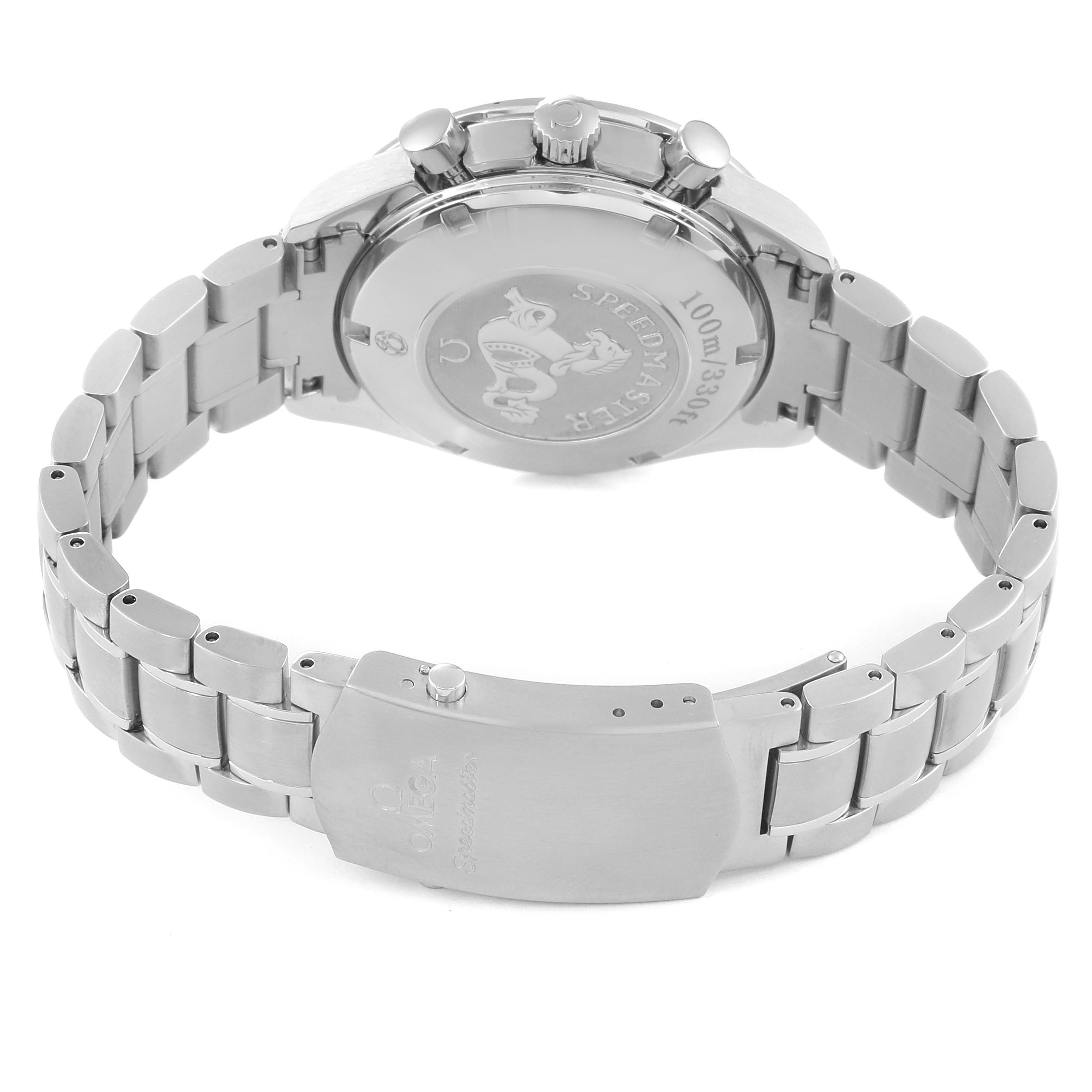 This image shows the back case and bracelet of an Omega Speedmaster 323.30.40.40.06.001 Men
s Stainless Steel Grey Dial 323.30.40.40.06.001 Men
s Stainless Steel Grey Dial watch.