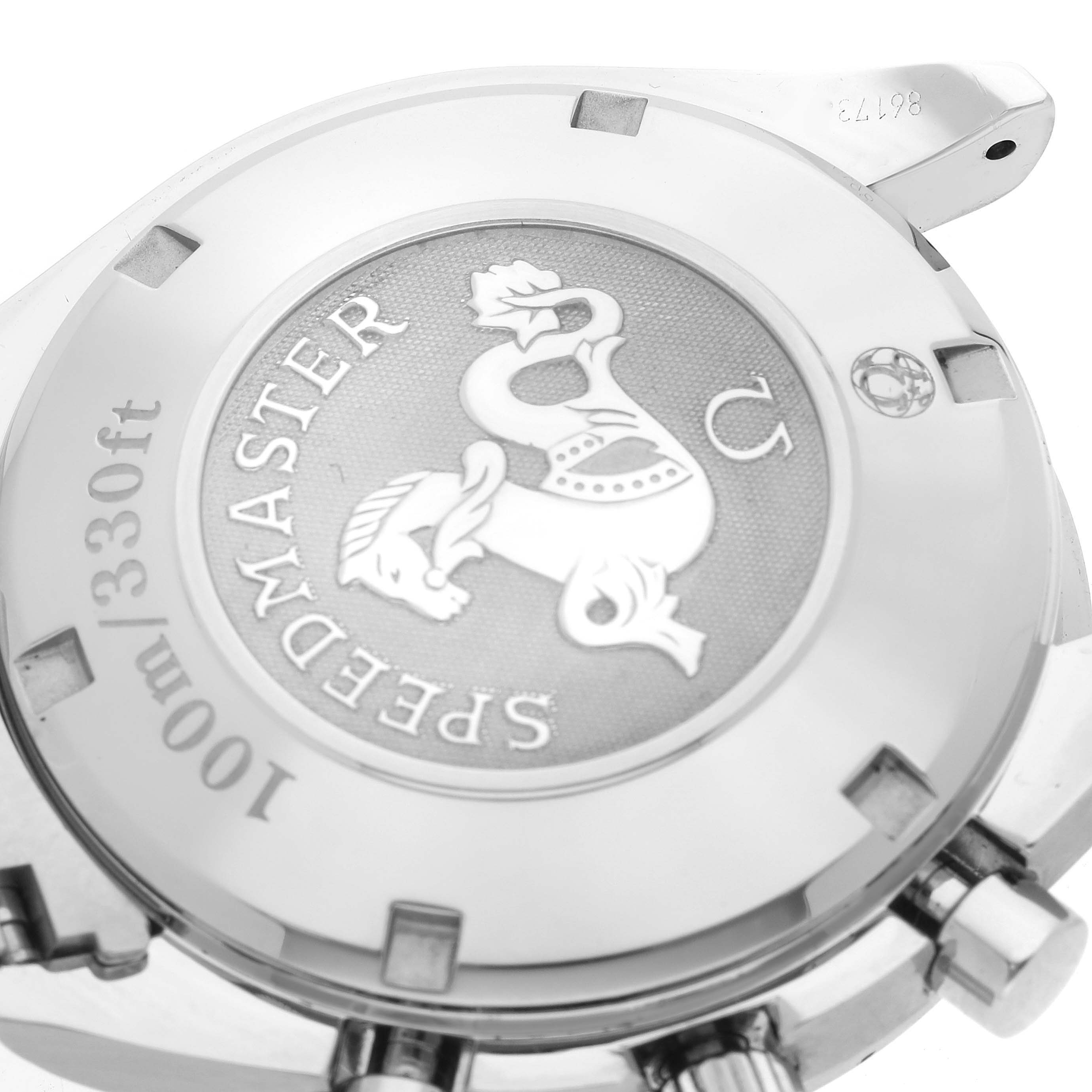 This image shows the back case of an Omega Speedmaster 323.30.40.40.06.001 Men
s Stainless Steel Grey Dial 323.30.40.40.06.001 Men
s Stainless Steel Grey Dial watch, displaying the logo and water resistance details.