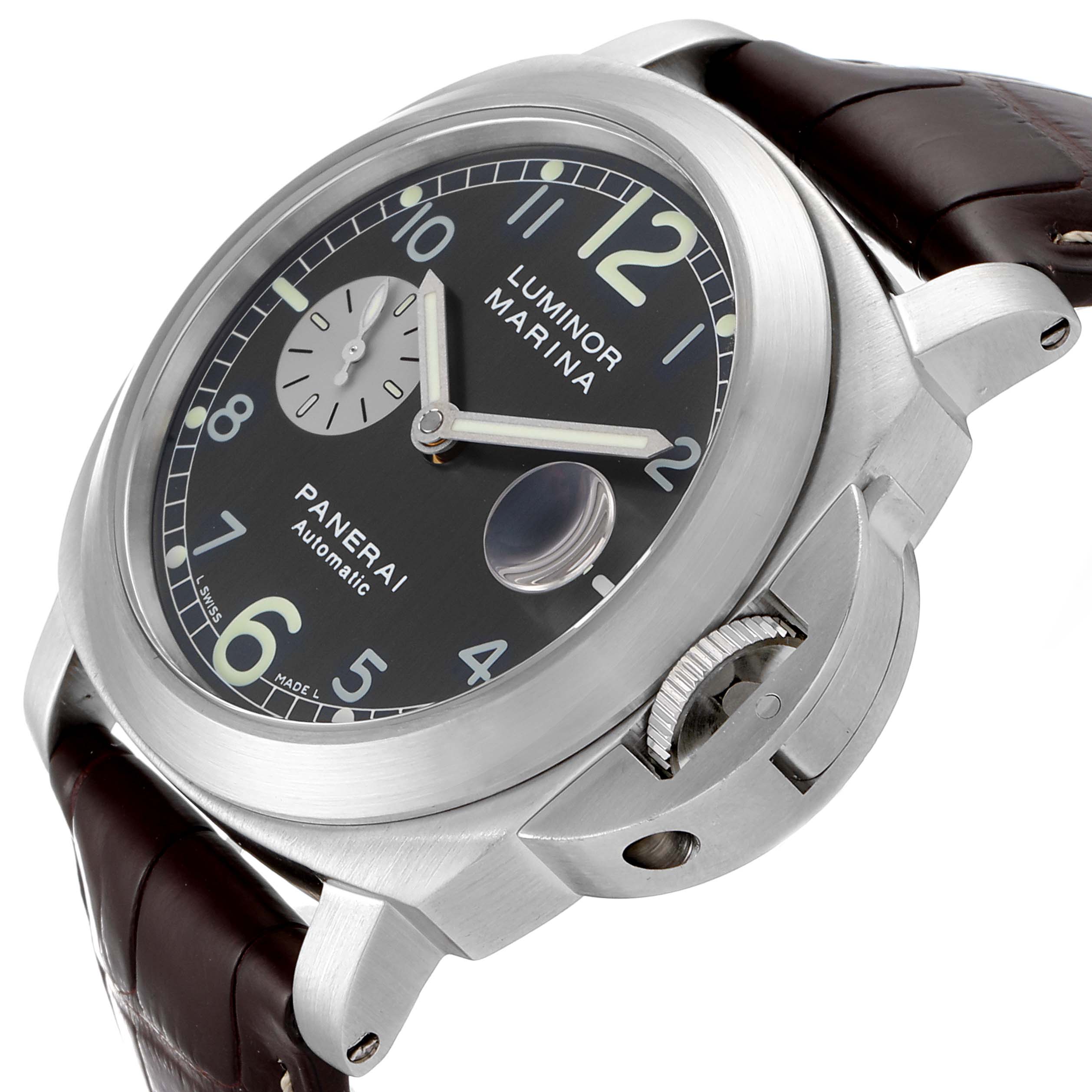 This image shows a side angle of a Panerai Luminor PAM00086 Men
s Stainless Steel Black Dial PAM00086 Men
s Stainless Steel Black Dial watch, highlighting the dial, crown guard, and strap.