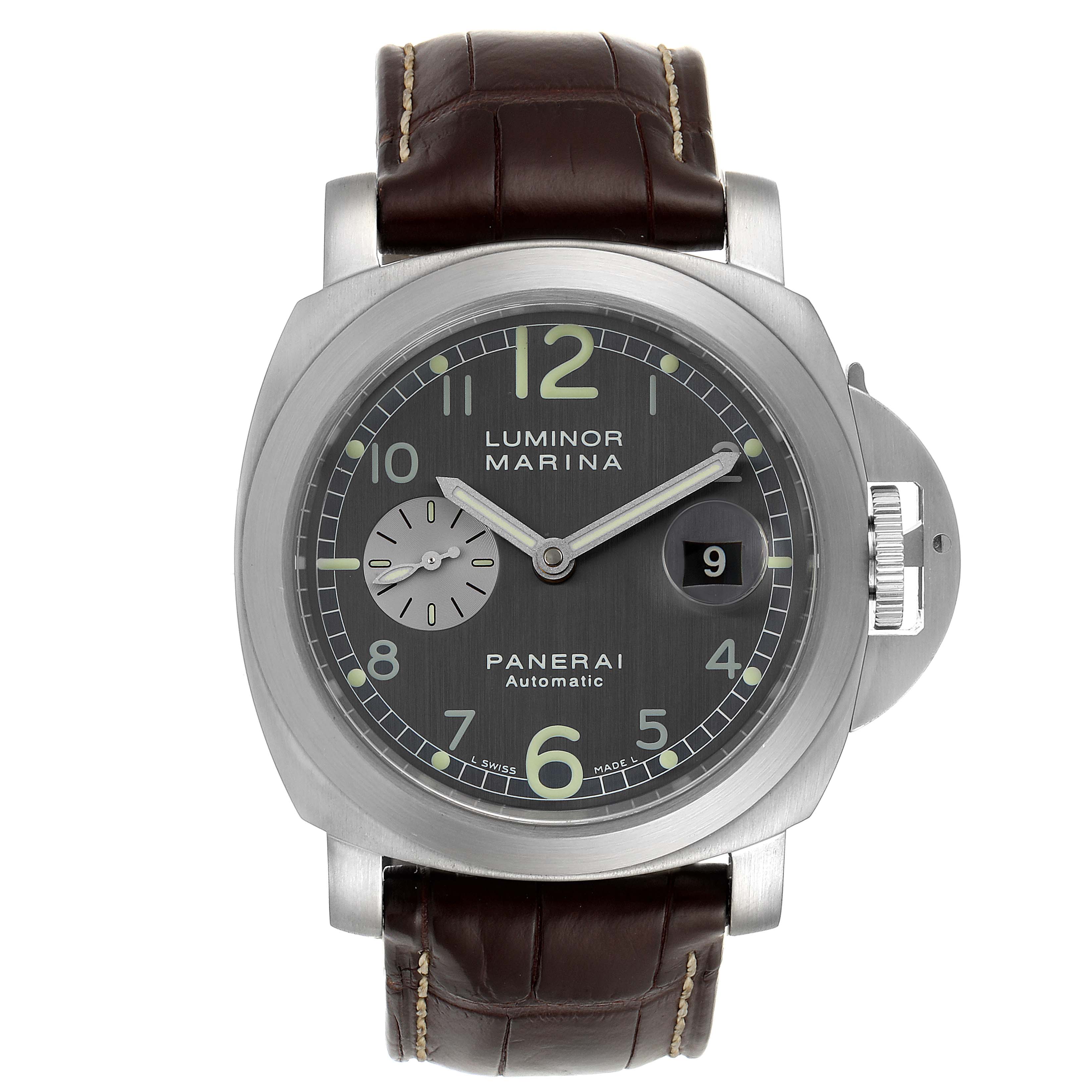 This image depicts a Panerai Luminor PAM00086 Men
s Stainless Steel Black Dial PAM00086 Men
s Stainless Steel Black Dial model watch from a frontal view, showing the dial, case, and leather strap.