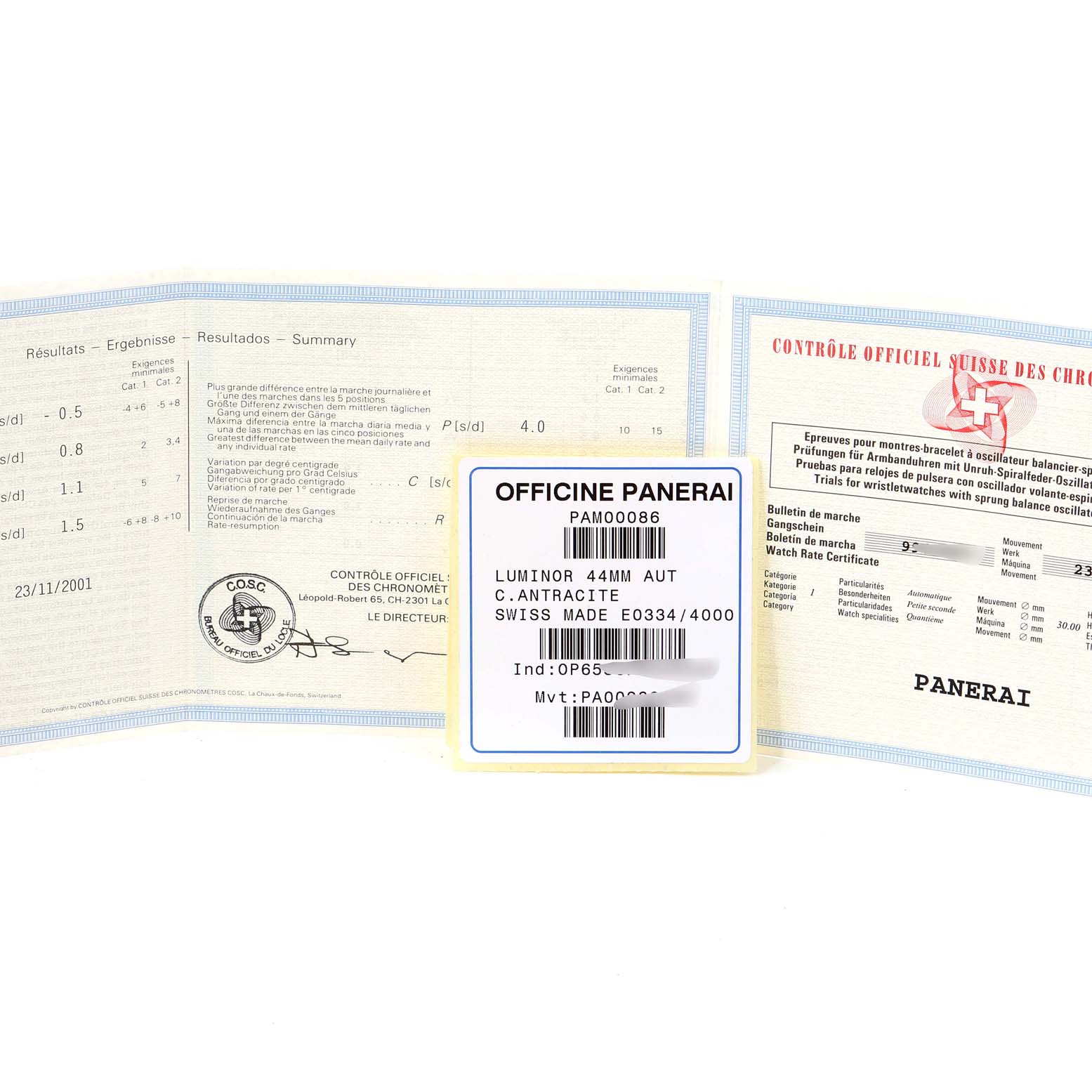 The image shows warranty and certification documents for the Panerai Luminor PAM00086 Men
s Stainless Steel Black Dial PAM00086 Men
s Stainless Steel Black Dial 44mm model.