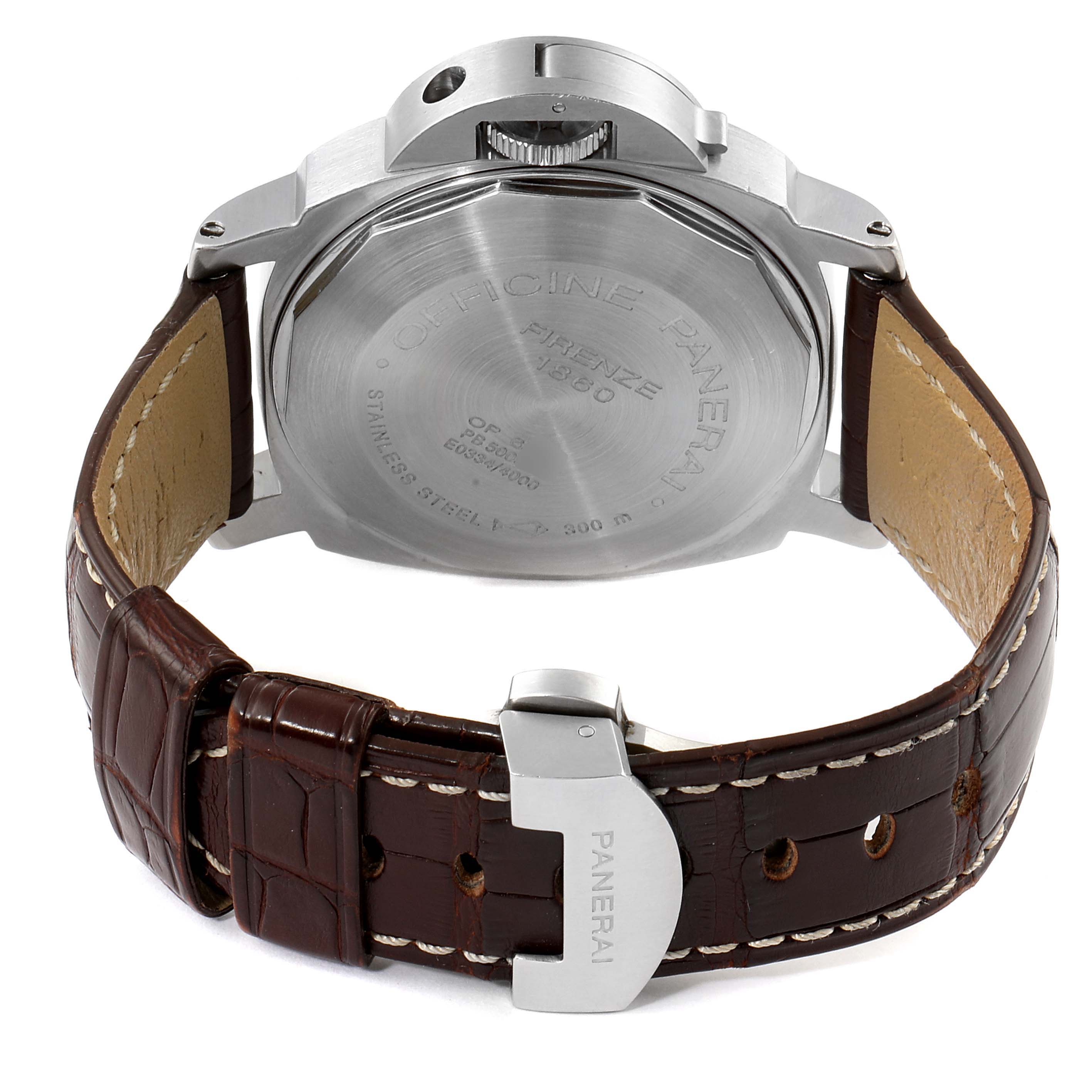 This image shows the back view of a Panerai Luminor PAM00086 Men
s Stainless Steel Black Dial PAM00086 Men
s Stainless Steel Black Dial watch, highlighting the stainless steel case and brown leather strap with stitching.