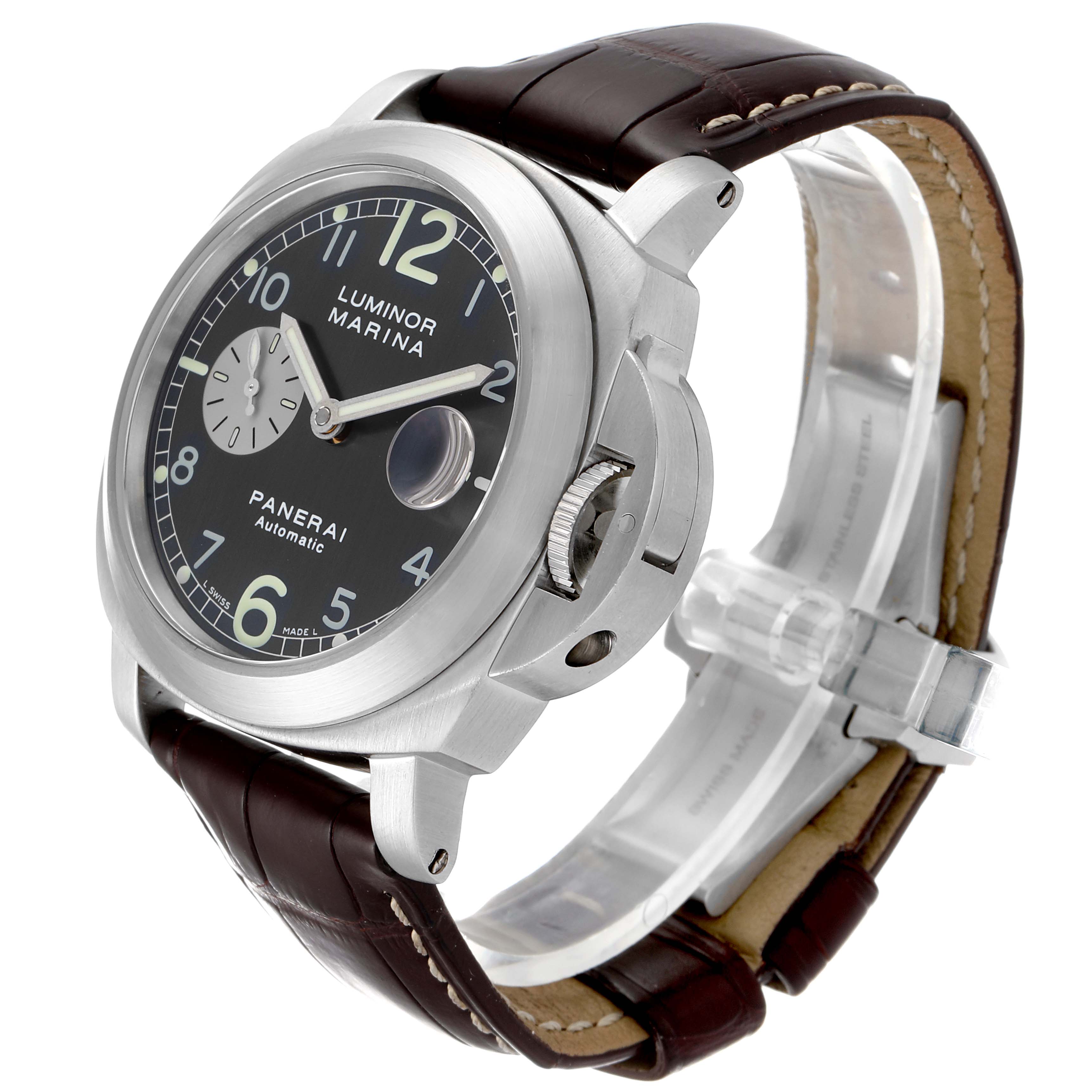 The image shows a side and front angle of the Panerai Luminor PAM00086 Men
s Stainless Steel Black Dial PAM00086 Men
s Stainless Steel Black Dial watch, highlighting its dial, case, and leather strap.