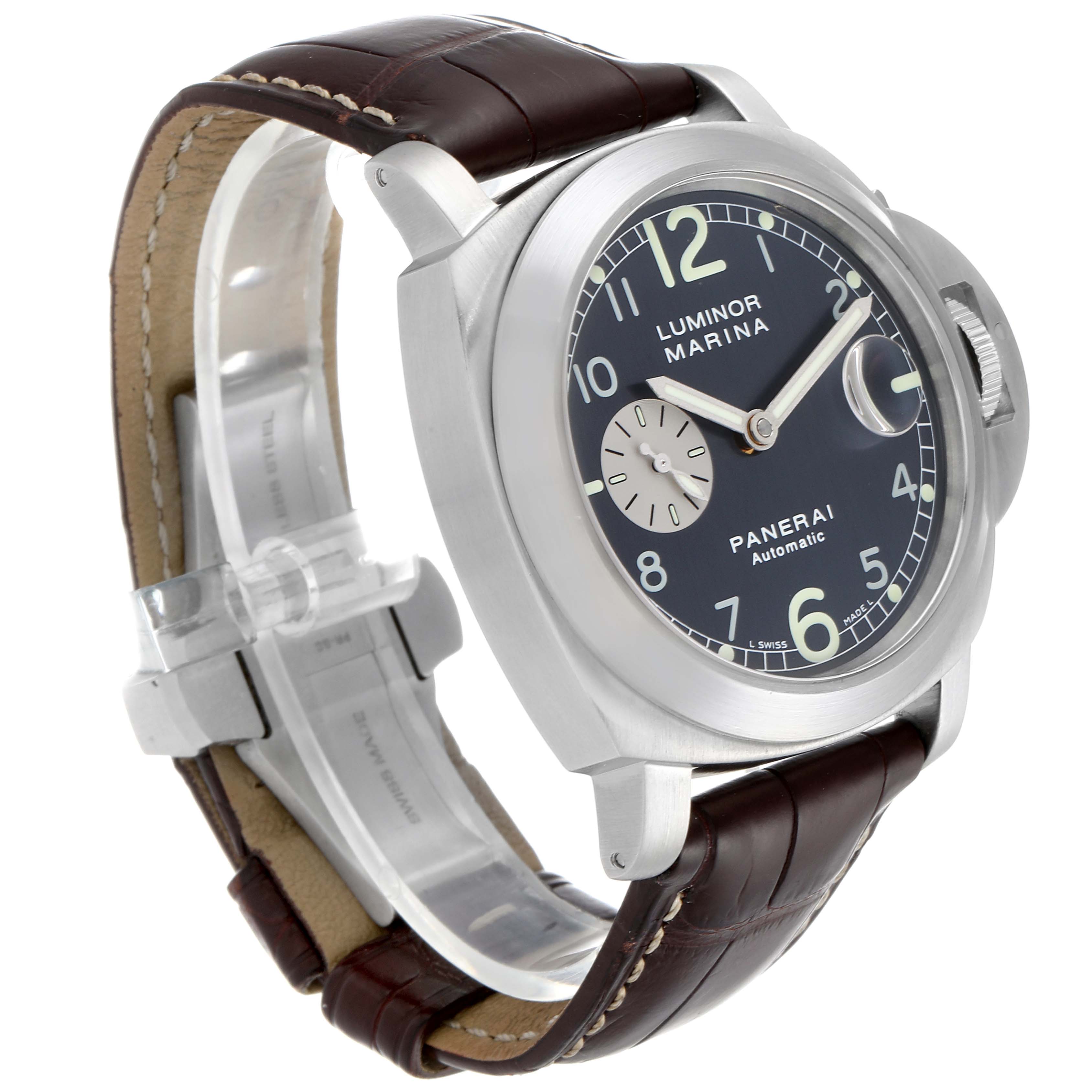 The image shows a side angle view of the Panerai Luminor PAM00086 Men
s Stainless Steel Black Dial PAM00086 Men
s Stainless Steel Black Dial watch, highlighting the case, dial, crown guard, and leather strap.