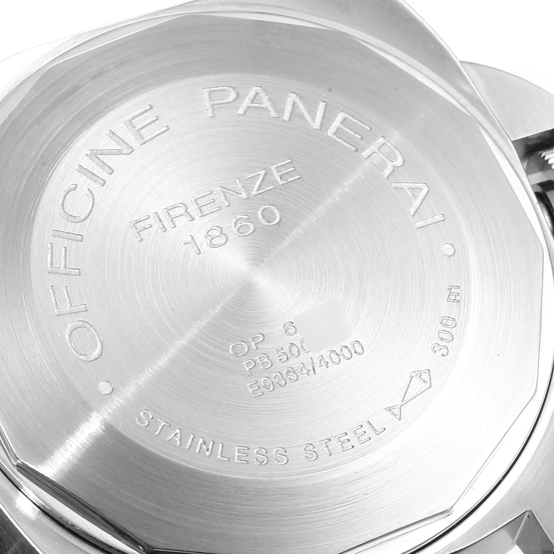 The image shows the case back of a Luminor model watch by Panerai from a top-down angle.