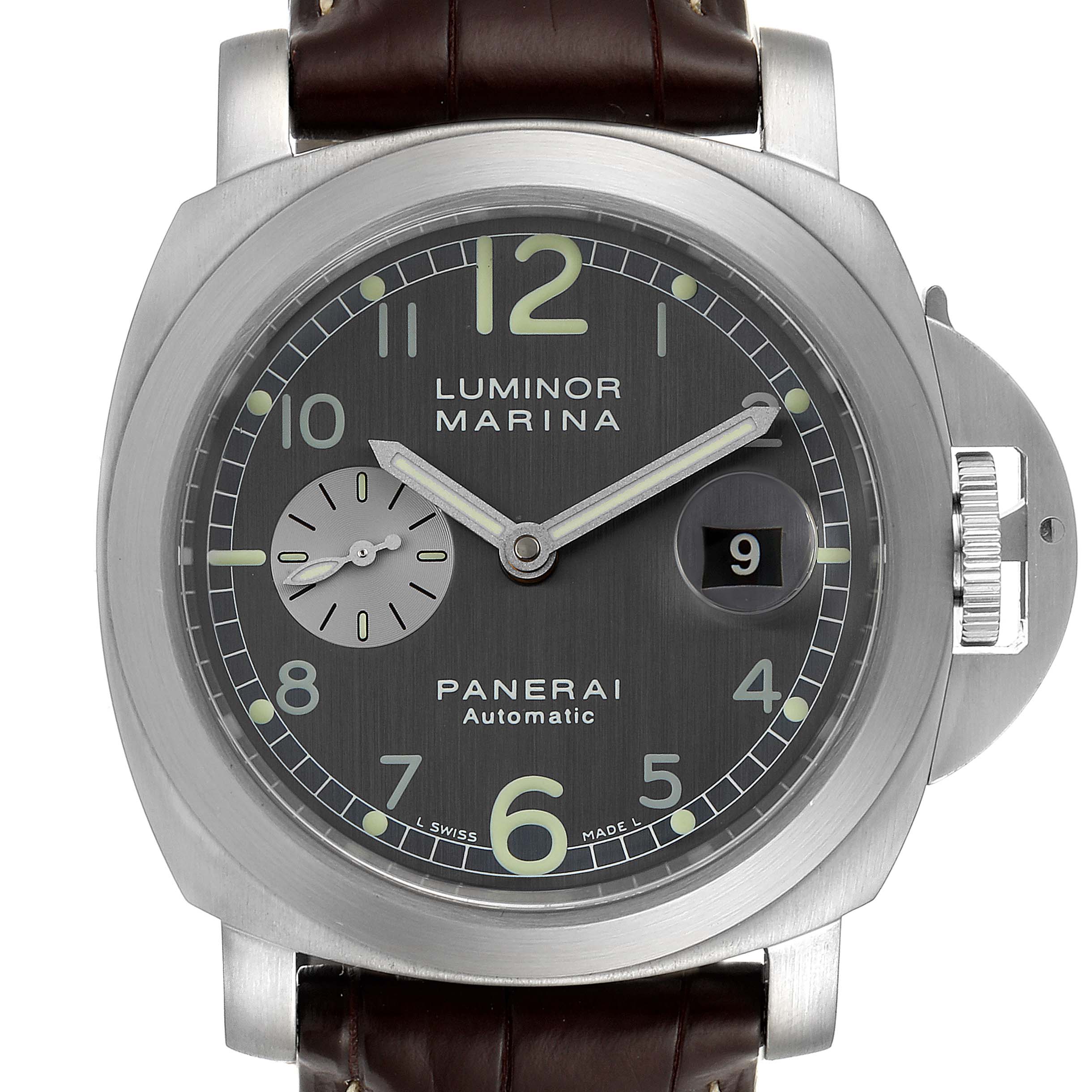 The image shows a frontal view of the Panerai Luminor PAM00086 Men
s Stainless Steel Black Dial PAM00086 Men
s Stainless Steel Black Dial Marina watch, focusing on the dial, crown, and strap.