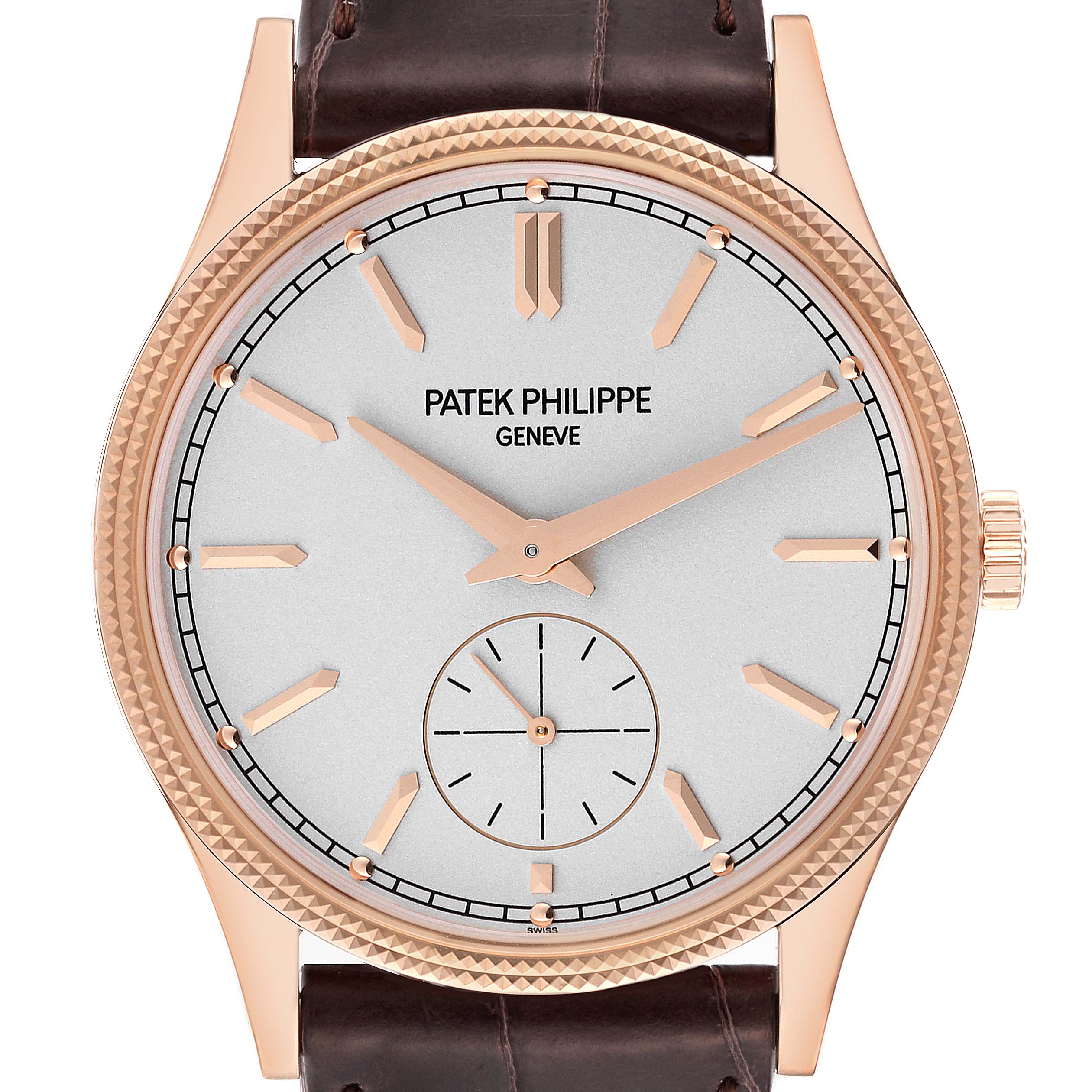 The image shows a frontal view of a Patek Philippe Calatrava 6119R-001 Men's Rose Gold Silver Dial 6119R-001 Men's Rose Gold Silver Dial watch featuring a white dial, gold markers, and a brown leather strap.