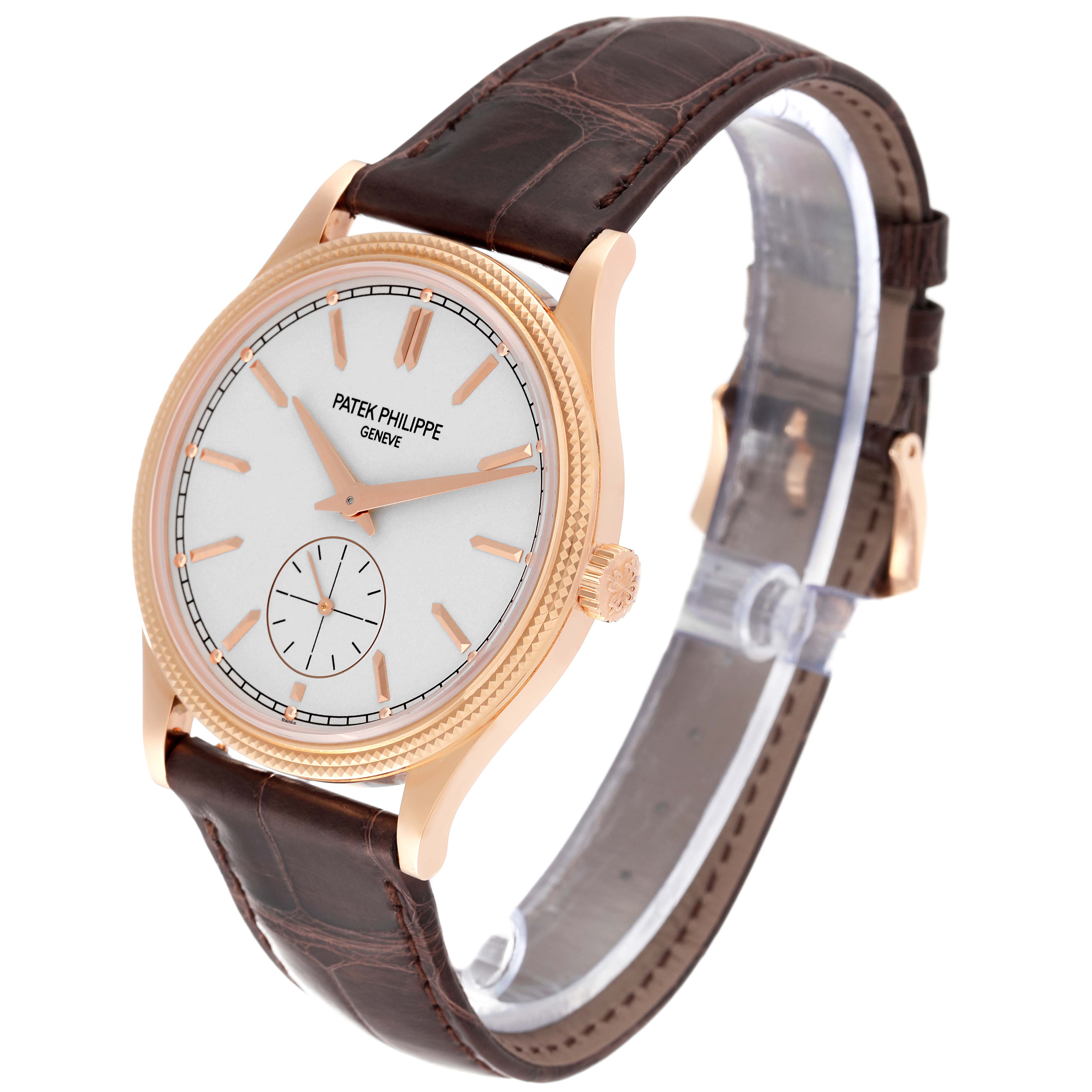 The image shows a side angle of a Patek Philippe Calatrava 6119R-001 Men's Rose Gold Silver Dial 6119R-001 Men's Rose Gold Silver Dial watch featuring its dial, bezel, and brown leather strap.