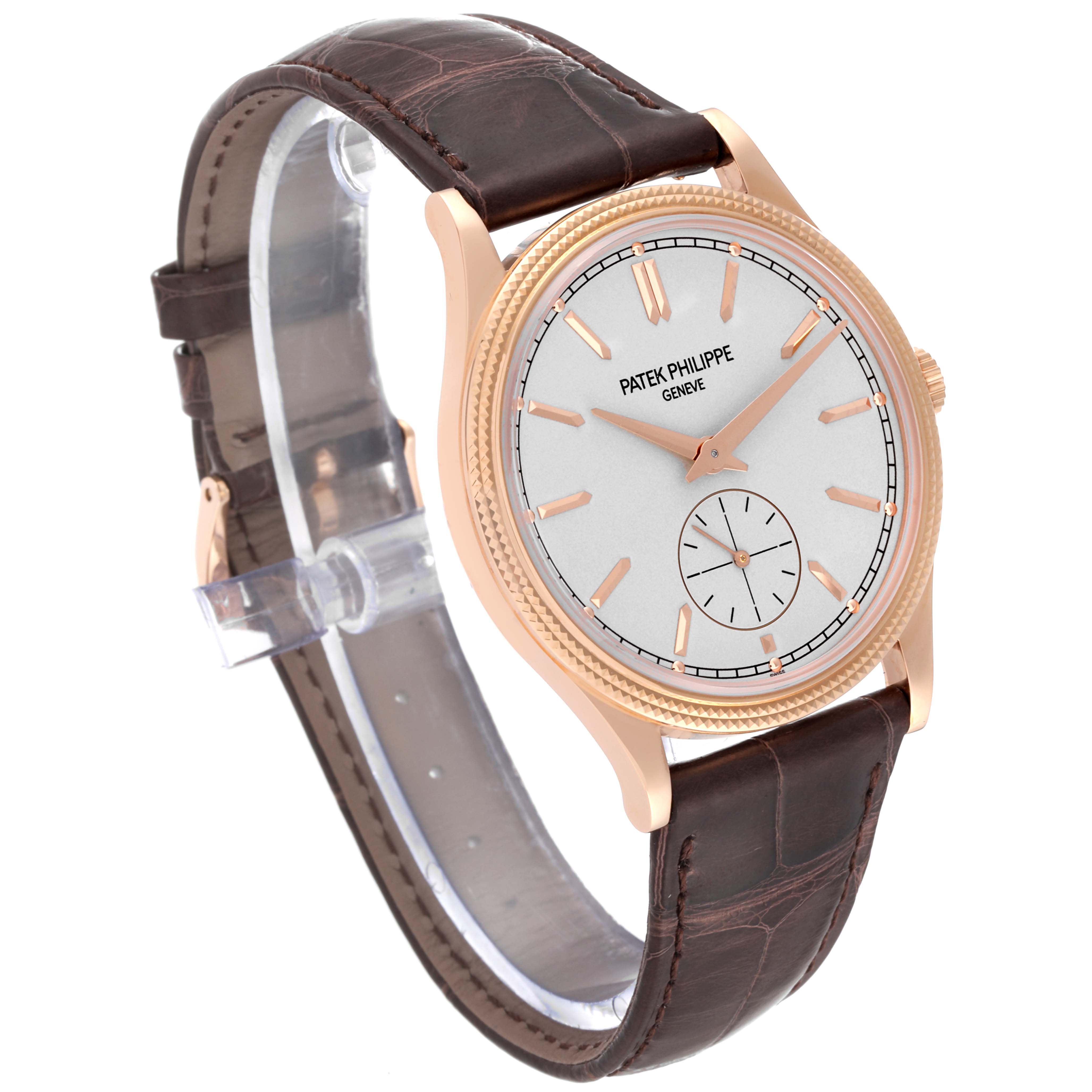 The image shows a Patek Philippe Calatrava 6119R-001 Men's Rose Gold Silver Dial 6119R-001 Men's Rose Gold Silver Dial watch at a front-left angle featuring a brown leather strap and gold case.