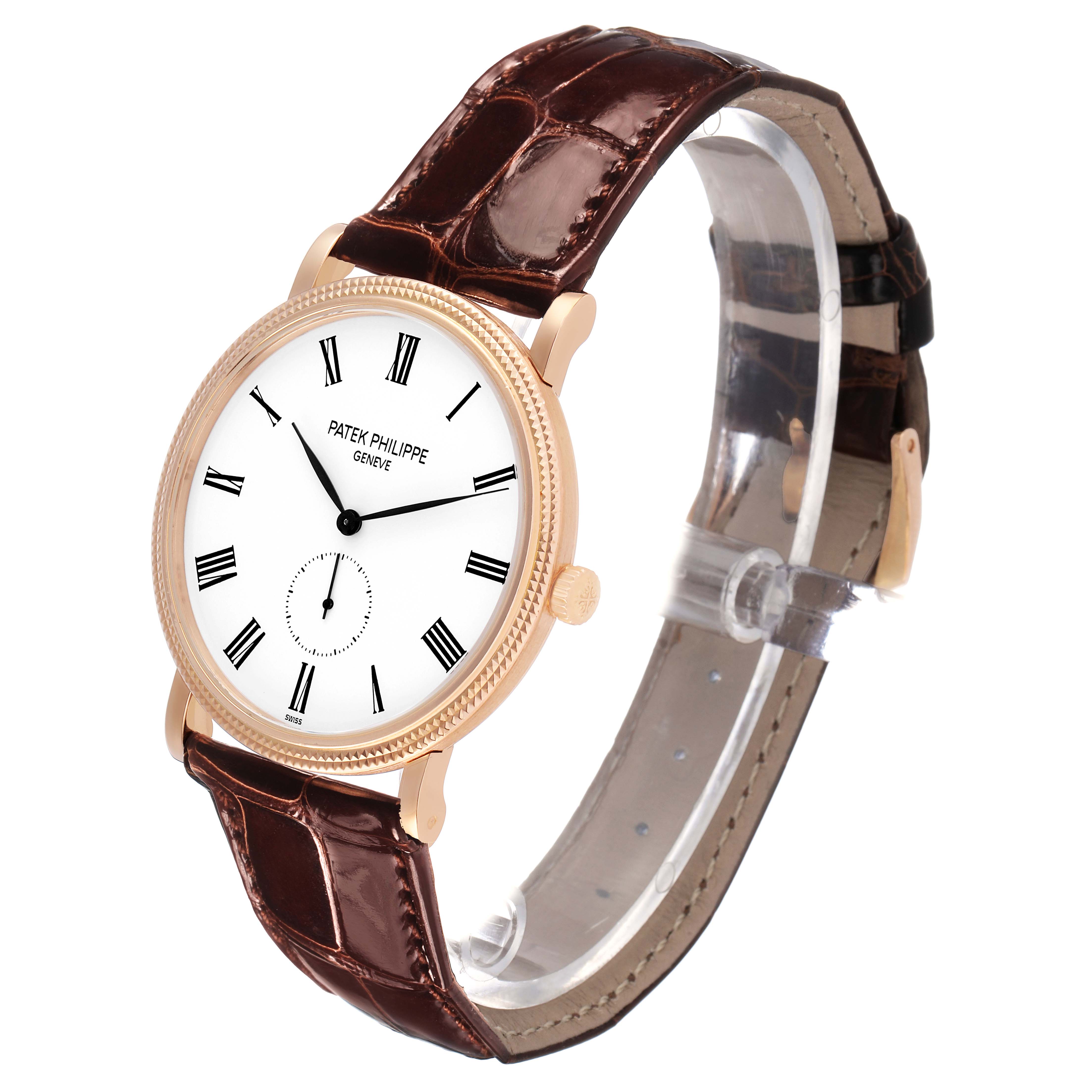 The image shows a Patek Philippe Calatrava 5119R Men's Yellow Gold White Dial watch at a slight angle, highlighting its face, dial, case, and leather strap.