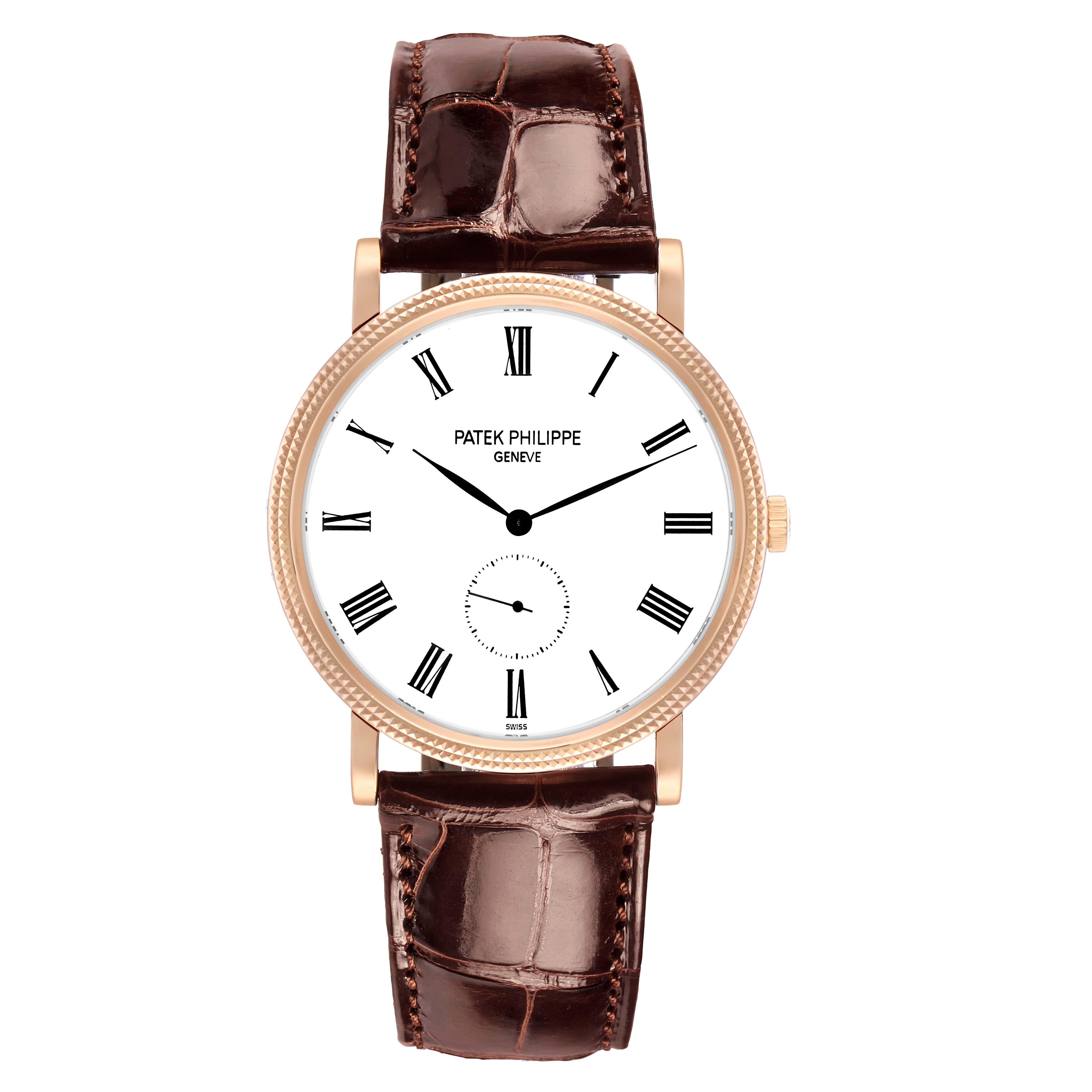 The Patek Philippe Calatrava 5119R Men's Yellow Gold White Dial watch is shown from a straight-on angle, displaying its face, bezel, and leather strap.