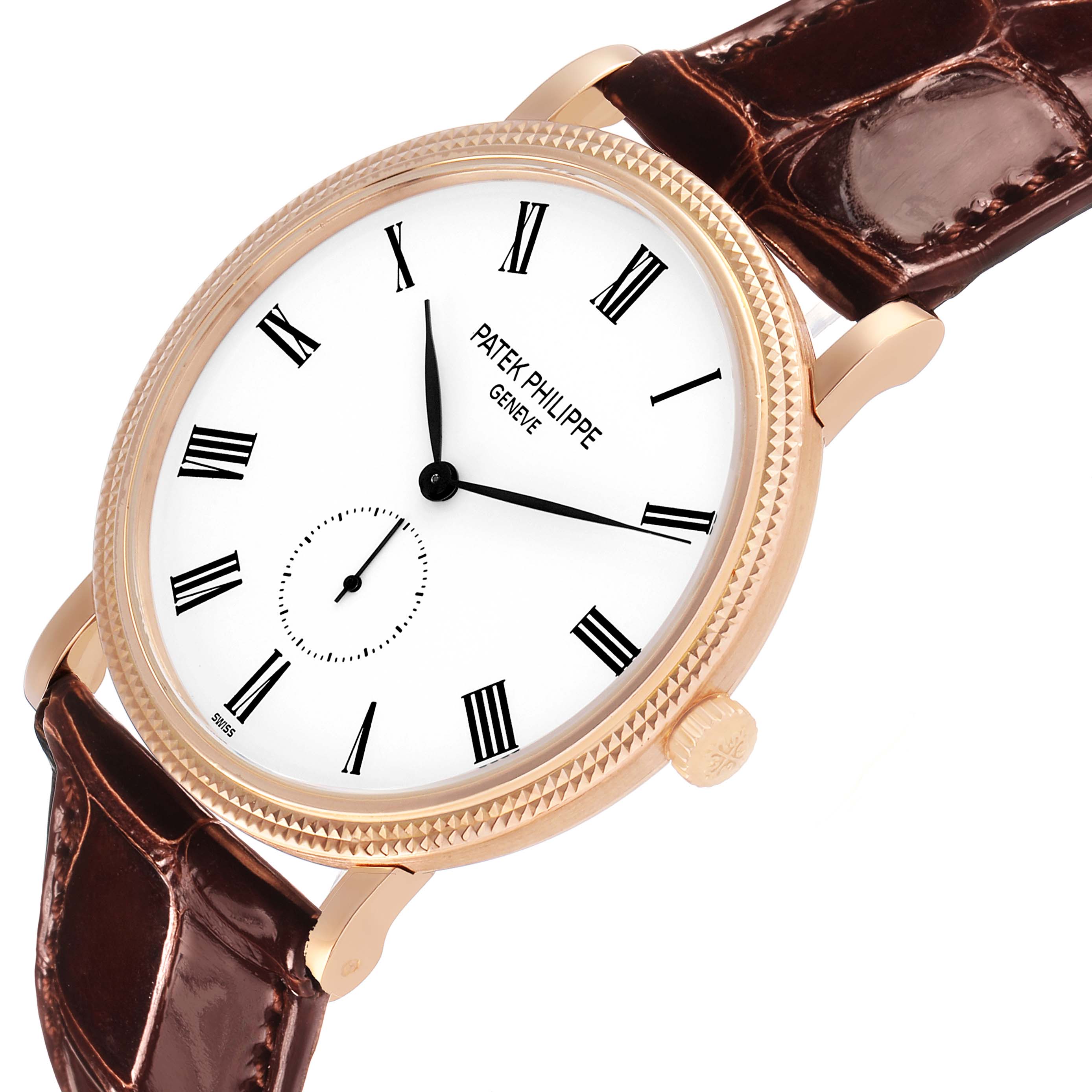 The Patek Philippe Calatrava 5119R Men's Yellow Gold White Dial watch is shown at a slight angle, highlighting its face, bezel, crown, and leather strap.